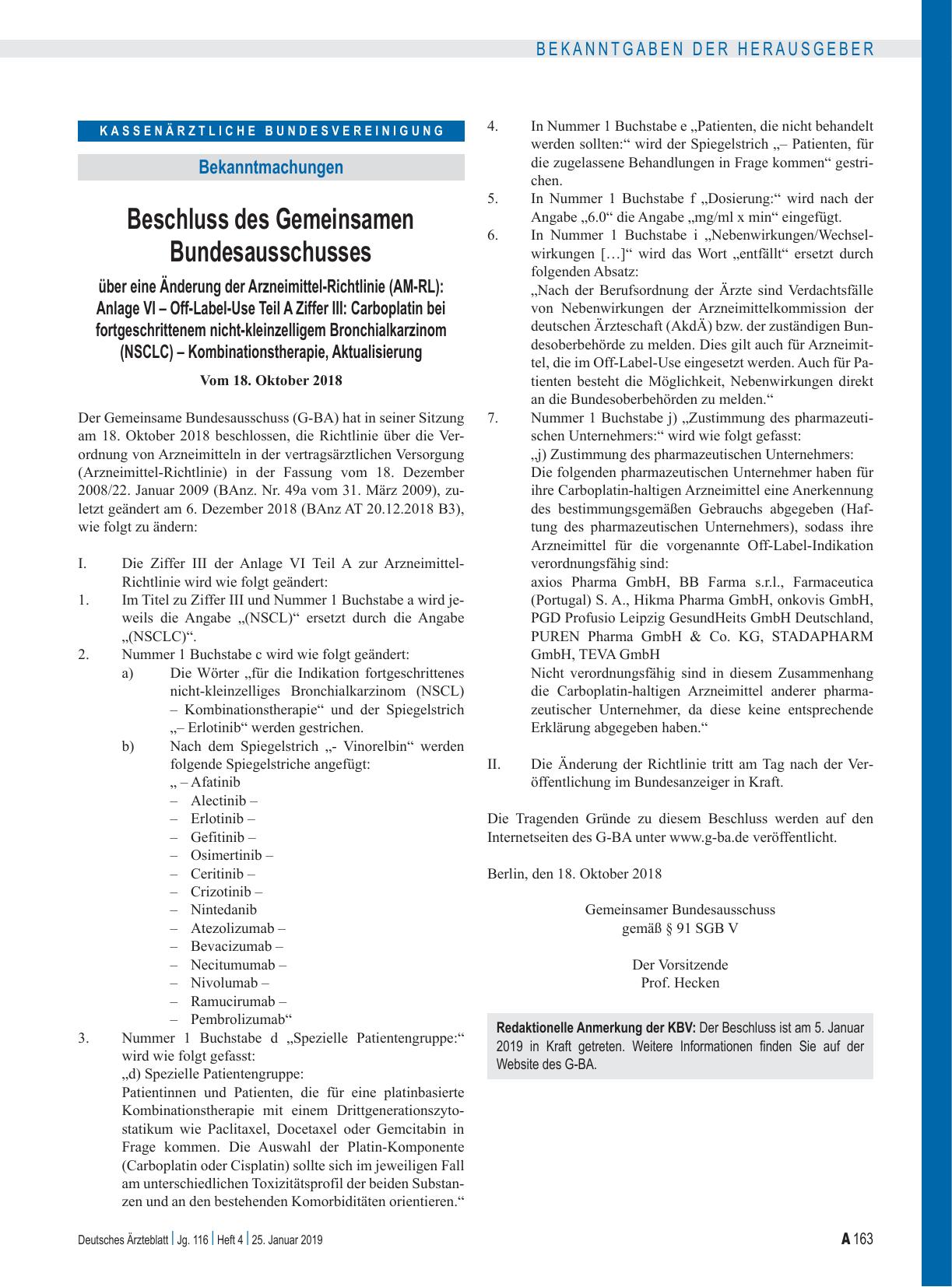 Vorschauseite 1: Beschluss des Gemeinsamen Bundesausschusses über eine Änderung der Arzneimittel-Richtlinie (AM-RL): Anlage VI – Off-Label-Use Teil A Ziffer III: Carboplatin bei fortgeschrittenem…