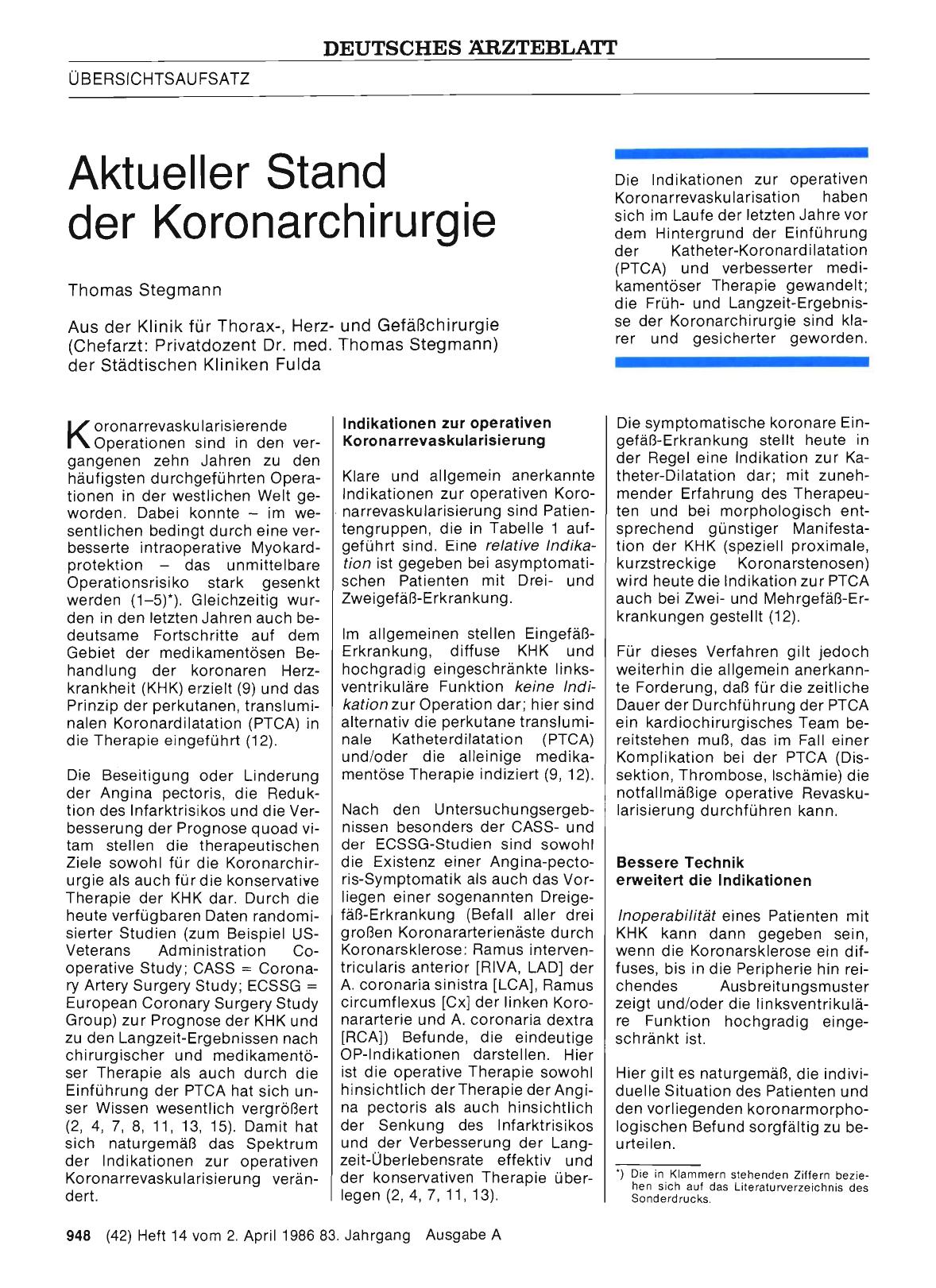 Vorschauseite 1: Aktueller Stand der Koronarchirurgie