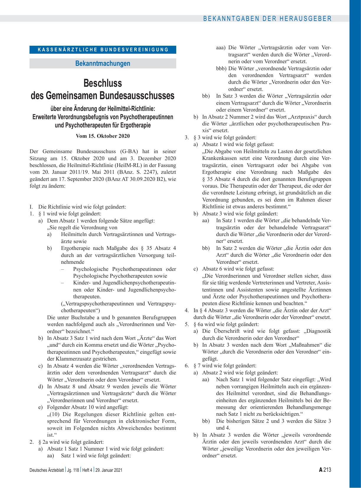 Vorschauseite 1: Beschluss des Gemeinsamen Bundesausschusses über eine Änderung der Heilmittel-Richtlinie: Erweiterte Verordnungsbefugnis von Psychotherapeutinnen und Psychotherapeuten für Ergothe…