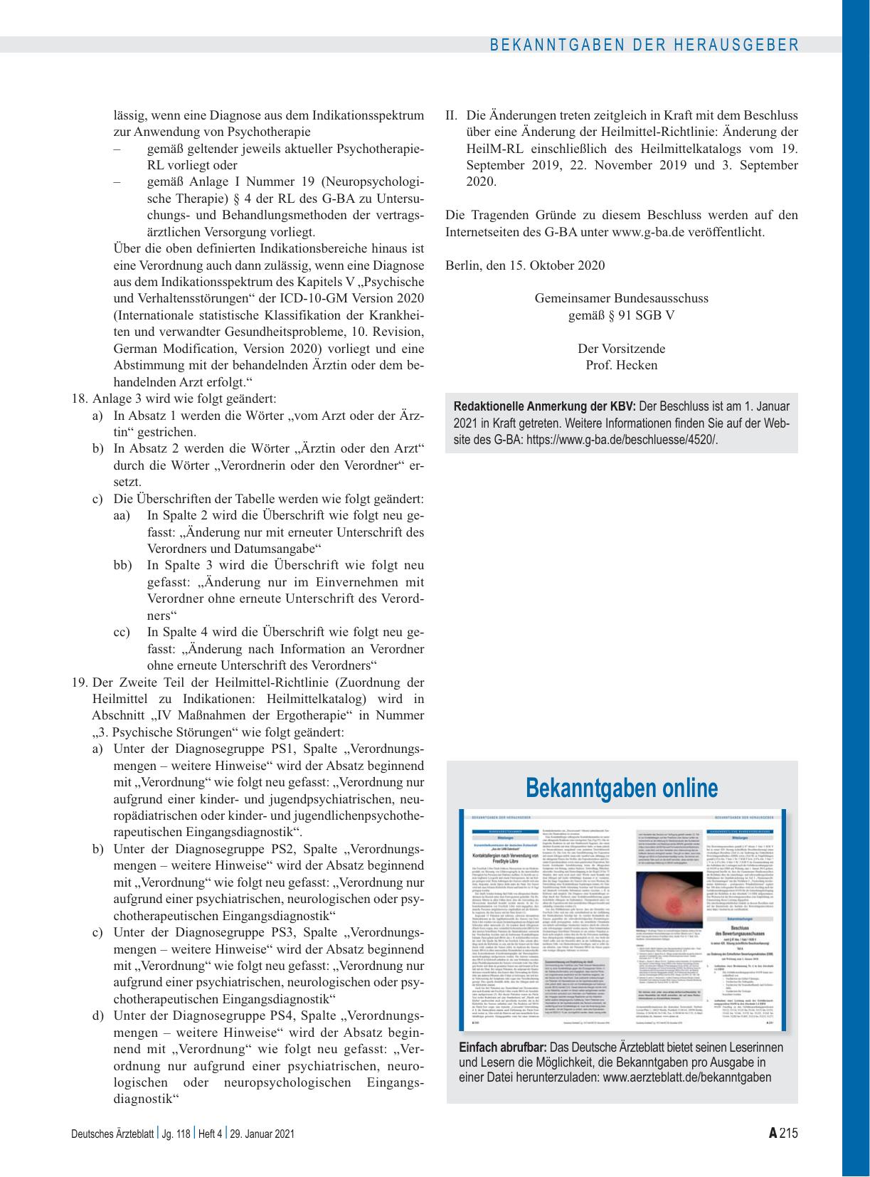 Vorschauseite 3: Beschluss des Gemeinsamen Bundesausschusses über eine Änderung der Heilmittel-Richtlinie: Erweiterte Verordnungsbefugnis von Psychotherapeutinnen und Psychotherapeuten für Ergothe…