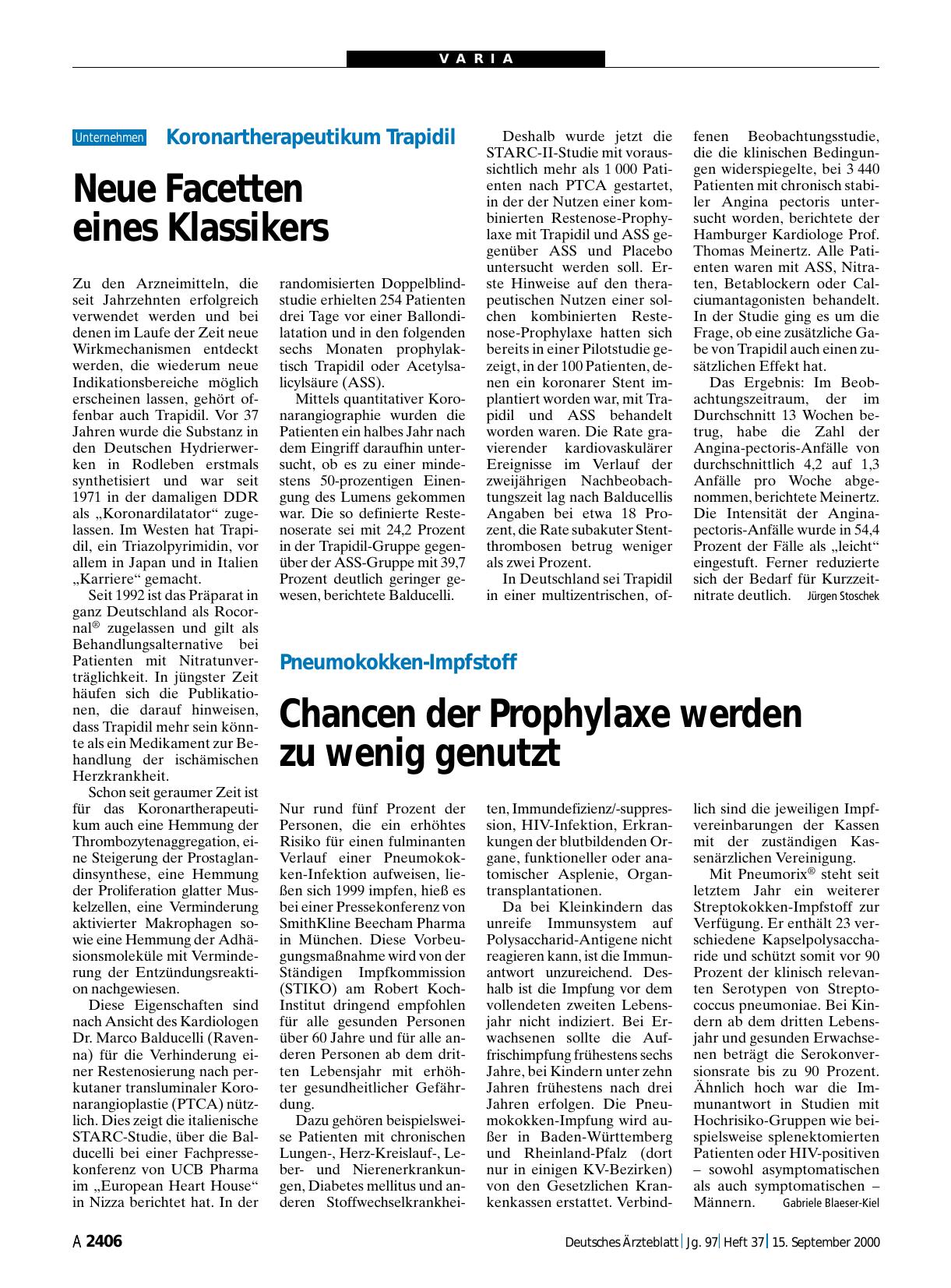 Vorschauseite 1: Koronartherapeutikum Trapidil: Neue Facetten eines Klassikers