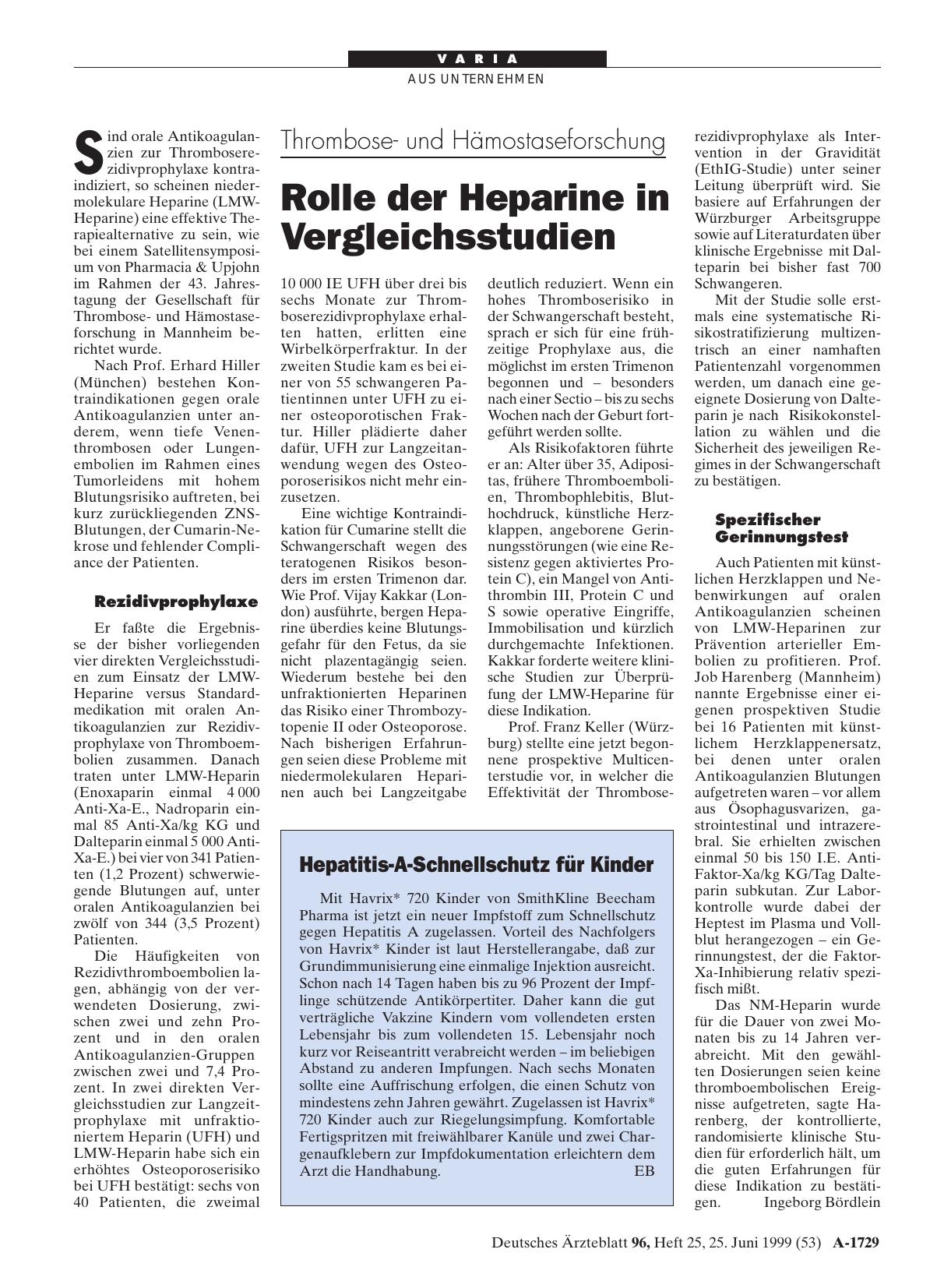 Vorschauseite 1: Thromboseund Hämostaseforschung: Rolle der Heparine in Vergleichsstudien