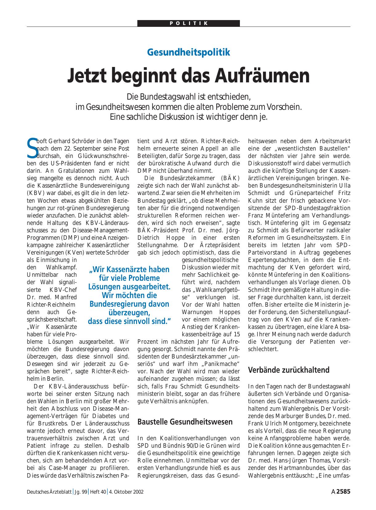 Vorschauseite 1: Gesundheitspolitik: Jetzt beginnt das Aufräumen