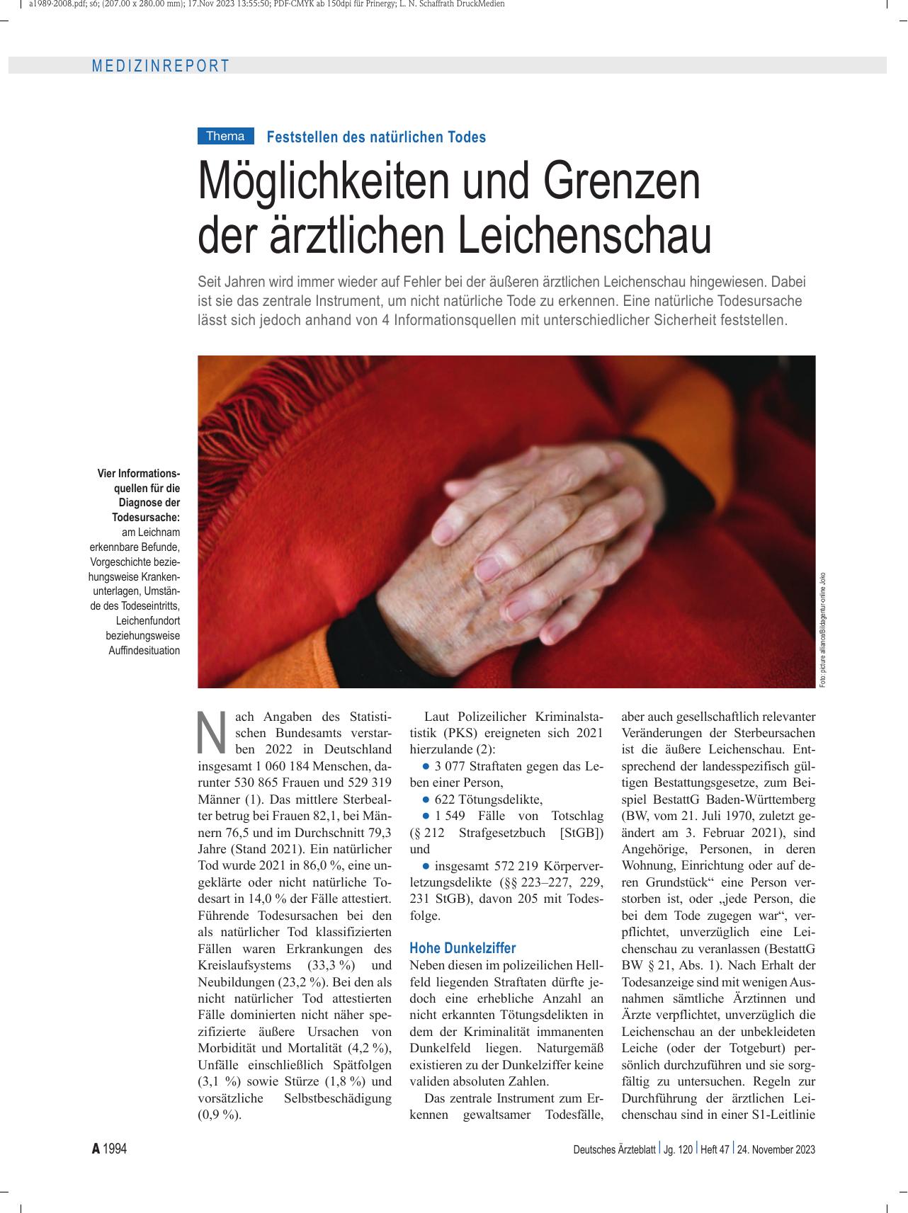 Vorschauseite 1: Feststellen des natürlichen Todes: Möglichkeiten und Grenzen der ärztlichen Leichenschau
