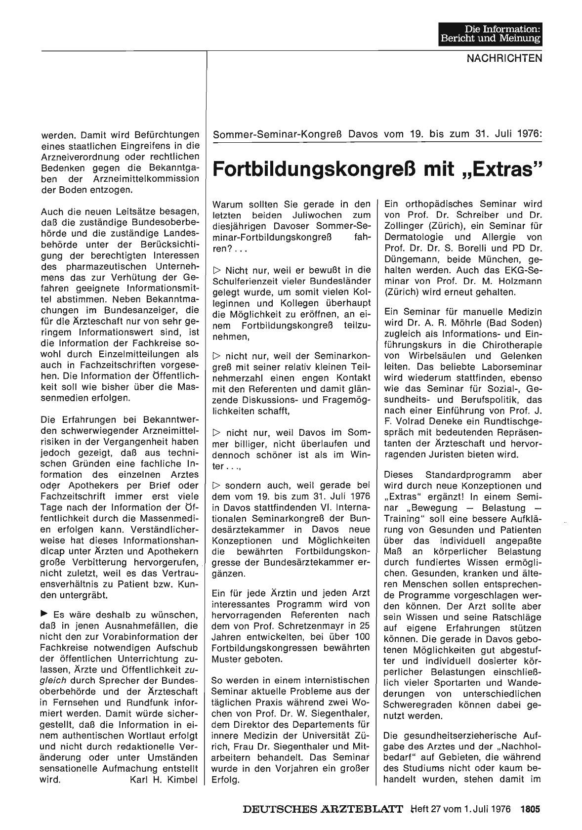 Vorschauseite 1: Sommer-Seminar-Kongreß Davos vom 19. bis zum 31. Juli 1976: Fortbildungskongreß mit „Extras“
