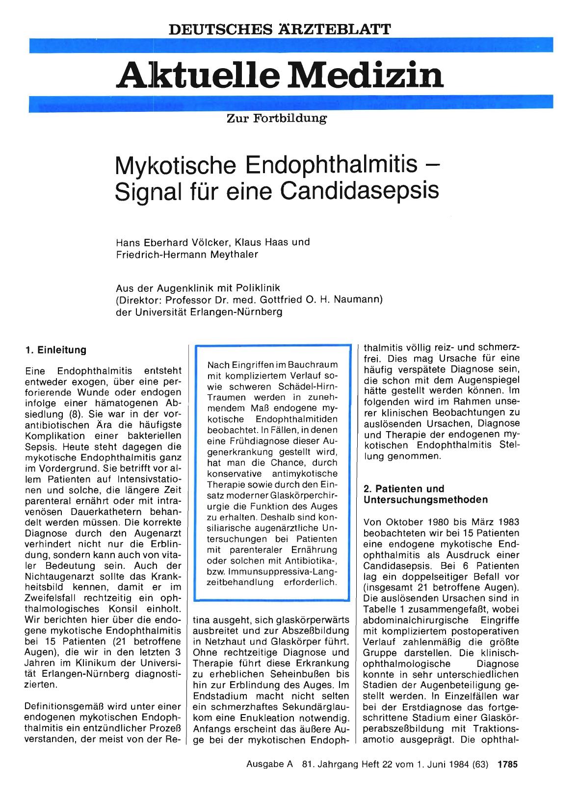 Vorschauseite 1: Mykotische Endophthalmitis — Signal für eine Candidasepsis