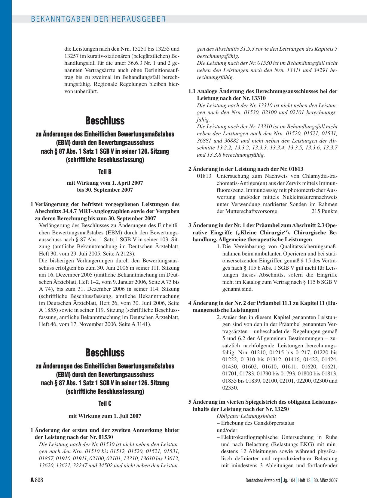 Vorschauseite 1: Beschluss zu Änderungen des Einheitlichen Bewertungsmaßstabes (EBM) durch den Bewertungsausschuss nach § 87 Abs. 1 Satz 1 SGB V in seiner 126. Sitzung (schriftliche Beschlussfassu…
