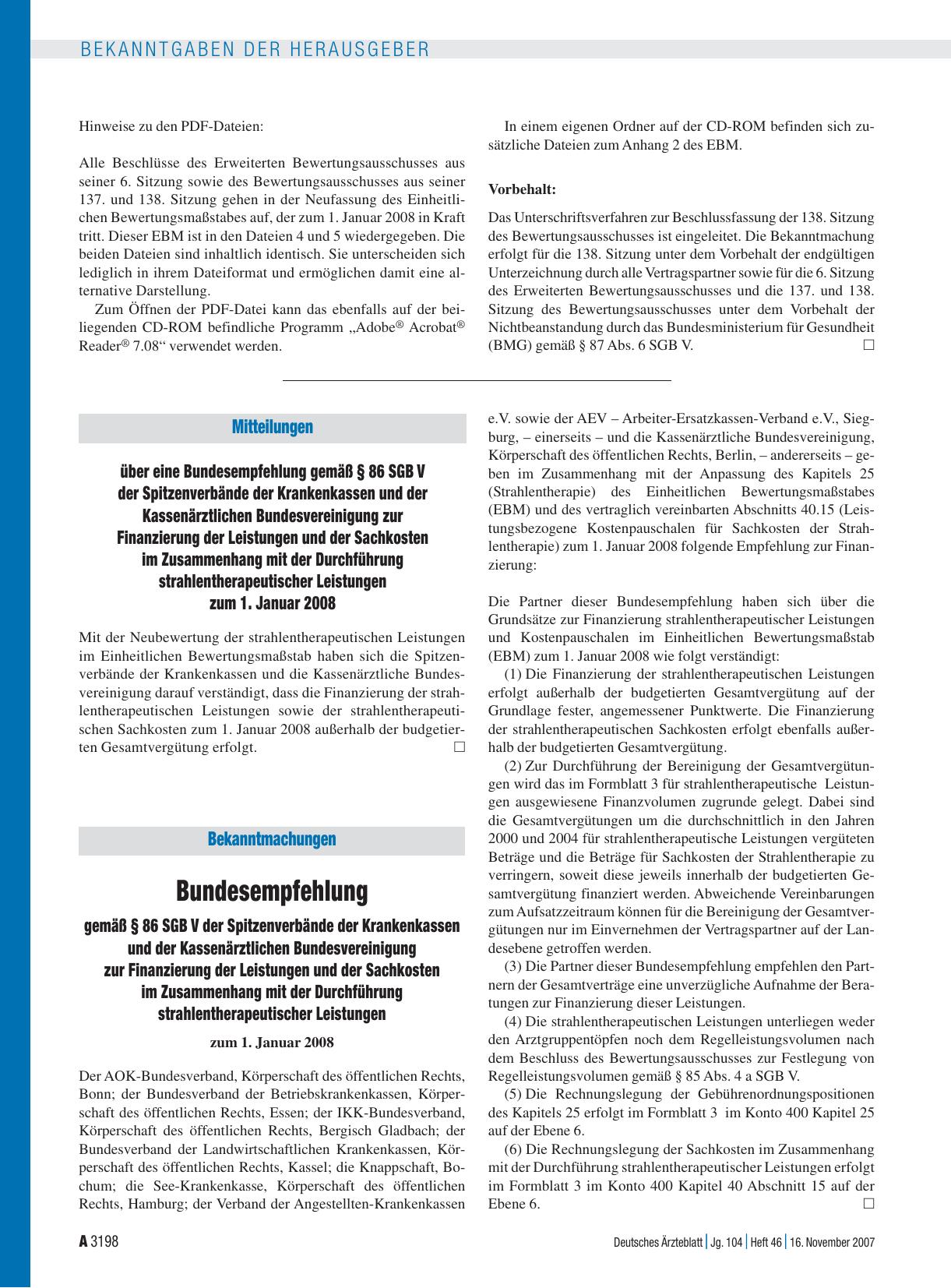 Vorschauseite 1: Mitteilungen: über eine Bundesempfehlung gemäß § 86 SGB V der Spitzenverbände der Krankenkassen und der Kassenärztlichen Bundesvereinigung zur Finanzierung der Leistungen und der…