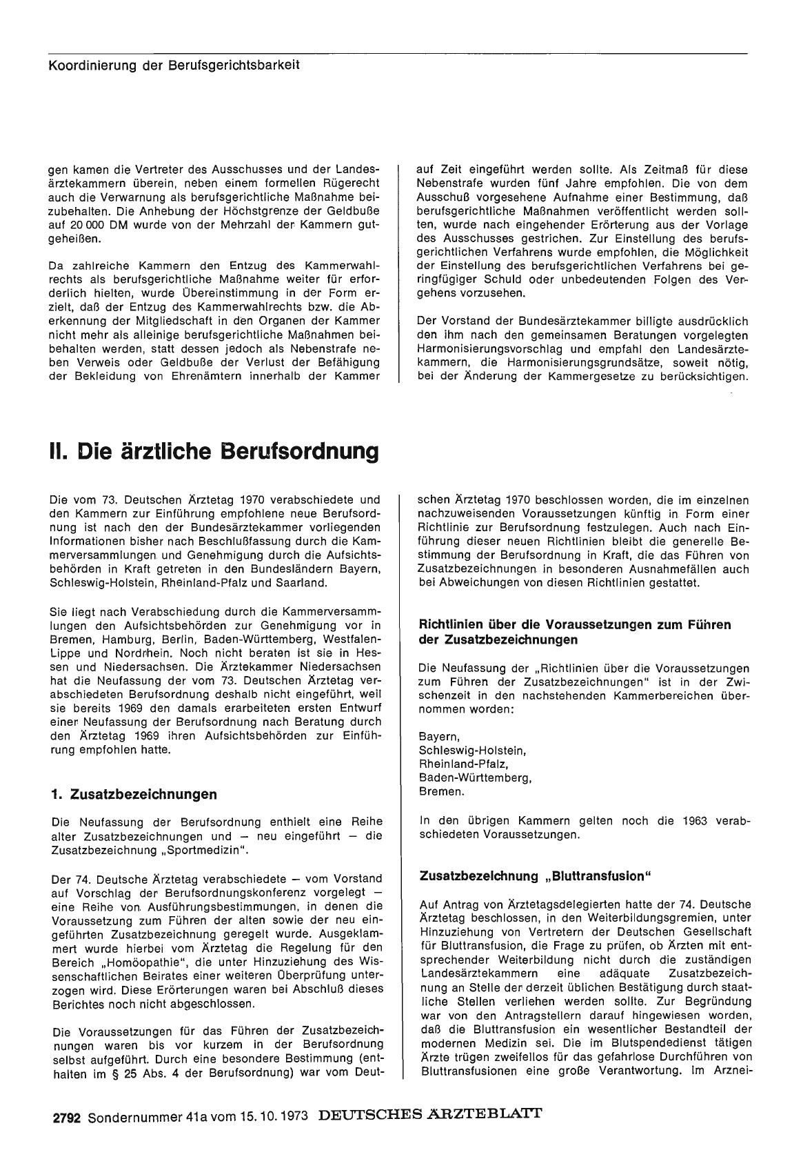 Vorschauseite 1: Bericht über das Jahr 1972/73: E. Der Arzt im Beruf: II. Die ärztliche Berufsordnung