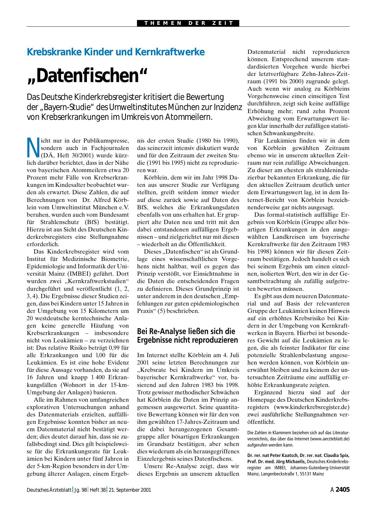 Vorschauseite 1: Krebskranke Kinder und Kernkraftwerke: „Datenfischen“