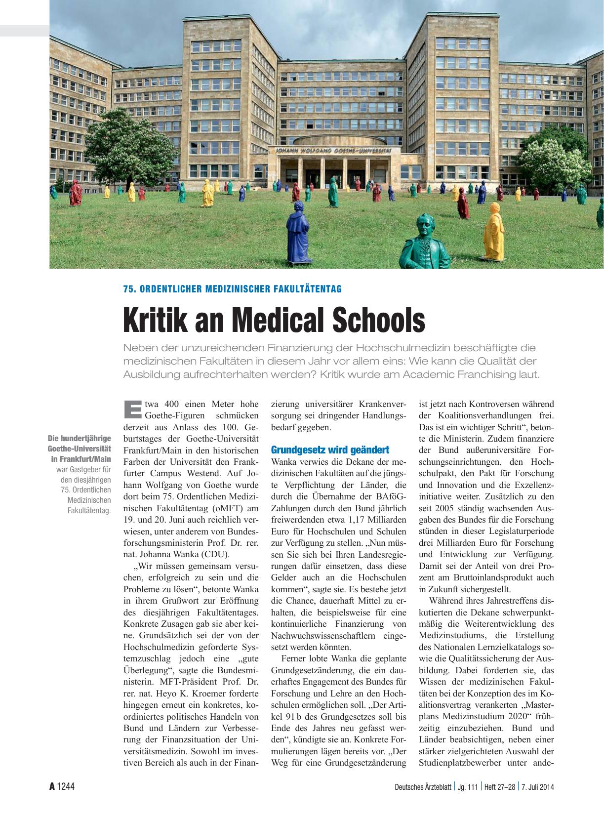 Vorschauseite 1: 75. Ordentlicher Medizinischer Fakultätentag: Kritik an Medical Schools