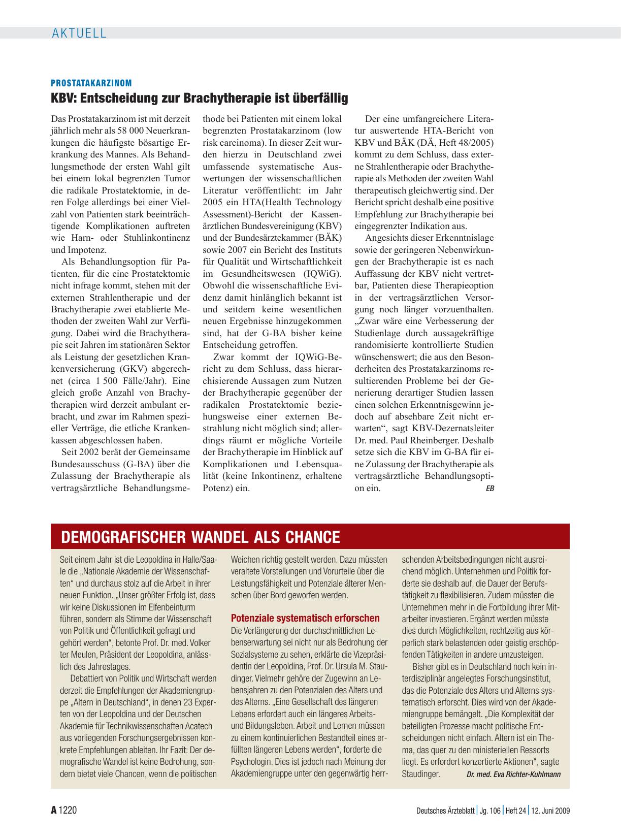 Vorschauseite 1: Prostatakarzinom – KBV: Entscheidung zur Brachytherapie ist überfällig