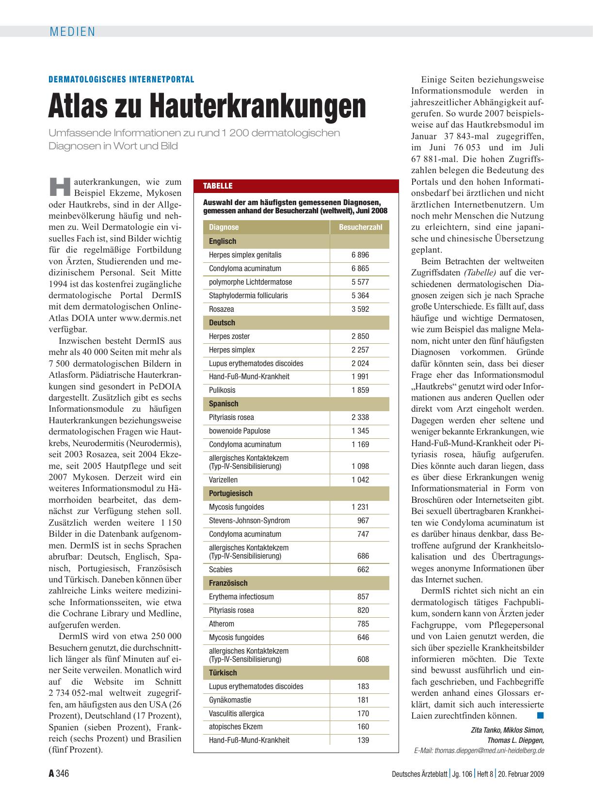 Vorschauseite 1: Dermatologisches Internetportal: Atlas zu Hauterkrankungen
