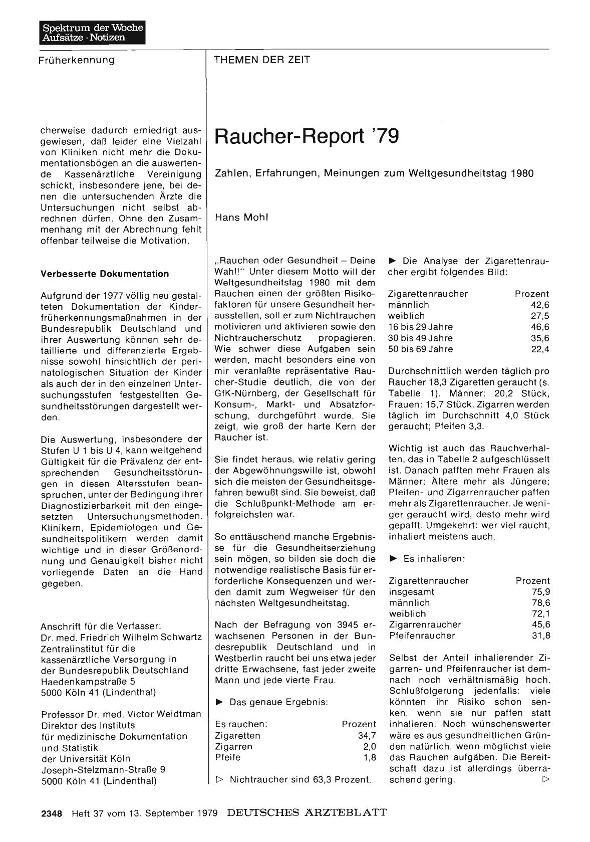Vorschauseite 1: Raucher-Report '79: Zahlen, Erfahrungen, Meinungen zum Weltgesundheitstag 1980