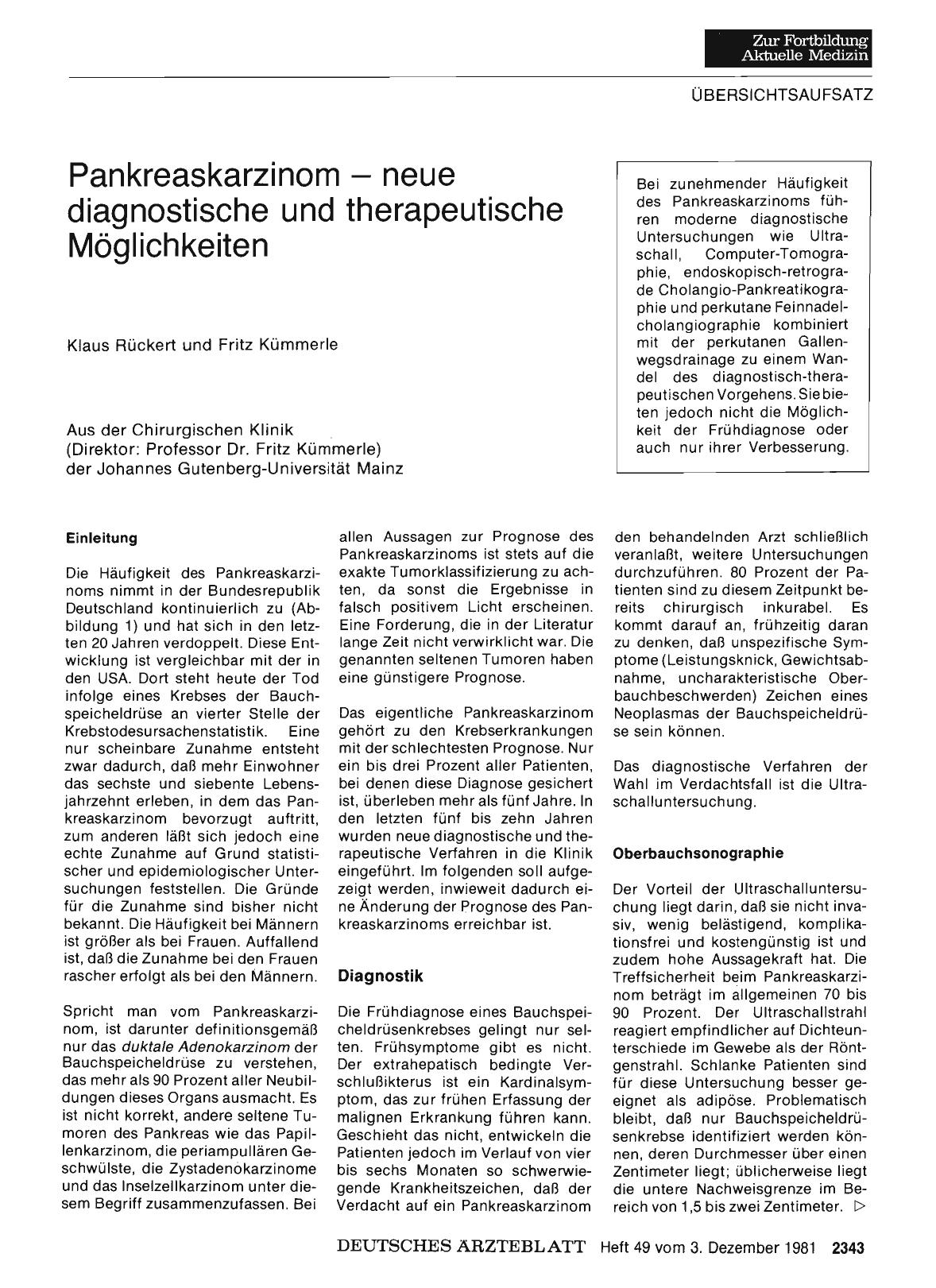 Vorschauseite 1: Pankreaskarzinom — neue diagnostische und therapeutische Möglichkeiten