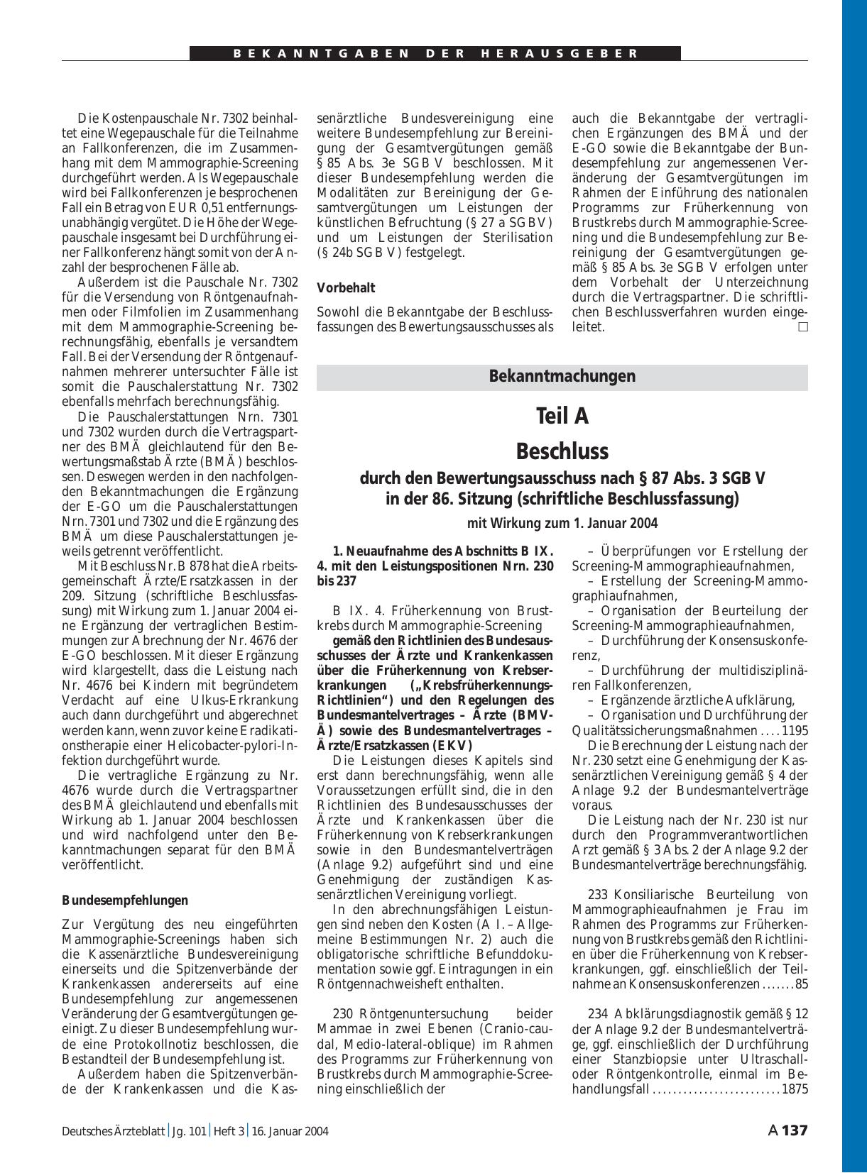 Vorschauseite 1: Bekanntmachungen: Teil A Beschluss durch den Bewertungsausschuss nach § 87 Abs. 3 SGB V in der 86. Sitzung (schriftliche Beschlussfassung)