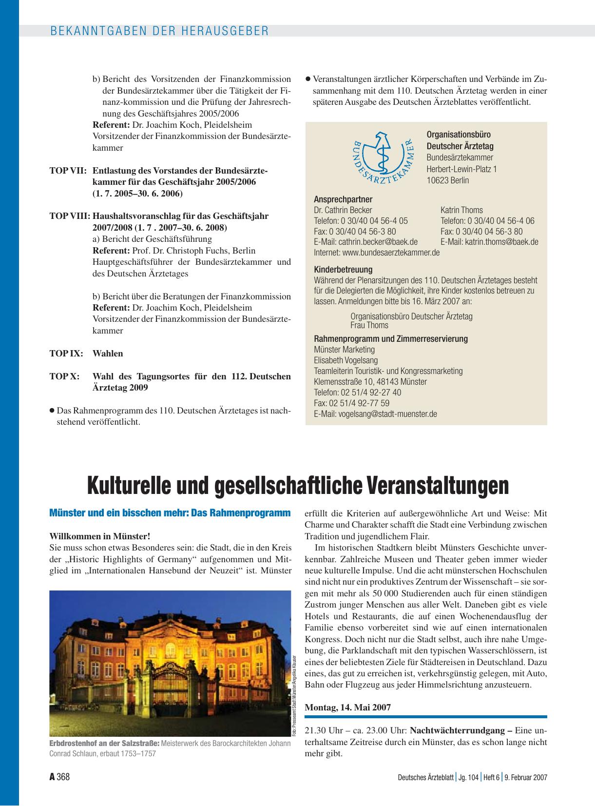 Vorschauseite 1: 110. Deutschen Ärztetag: Kulturelle und gesellschaftliche Veranstaltungen