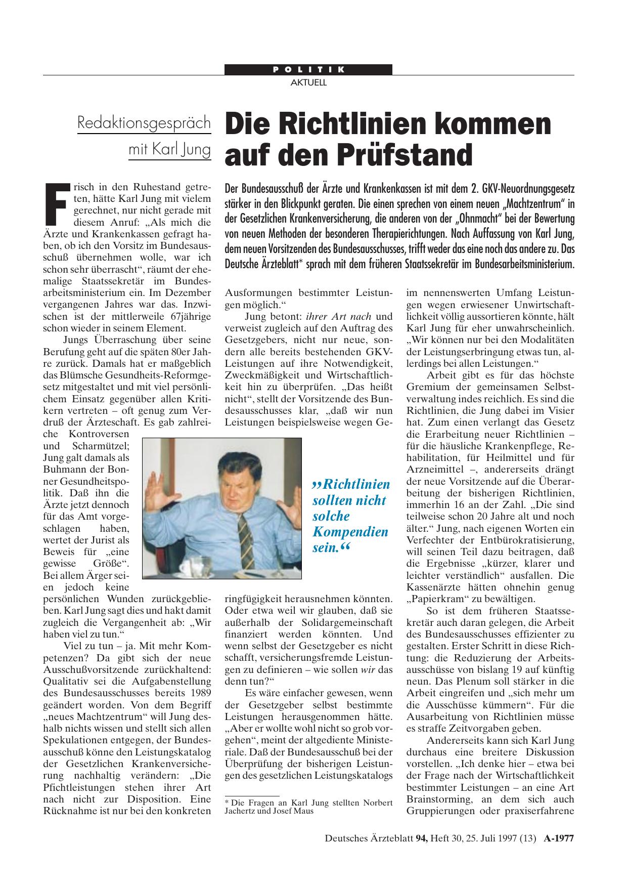 Vorschauseite 1: Redaktionsgespräch mit Karl Jung: Die Richtlinien kommen auf den Prüfstand