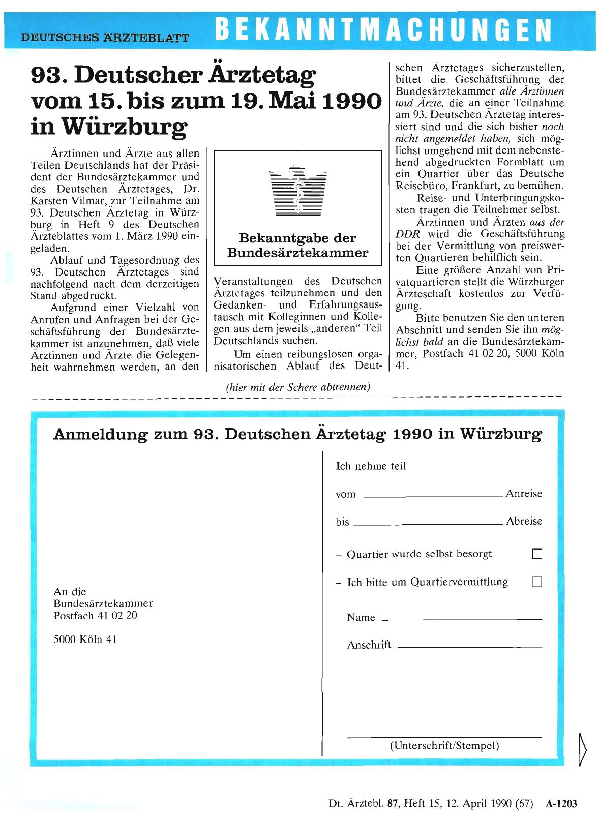 Vorschauseite 1: 93. Deutscher Arztetag vom 15. bis zum 19. Mai 1990 in Würzburg
