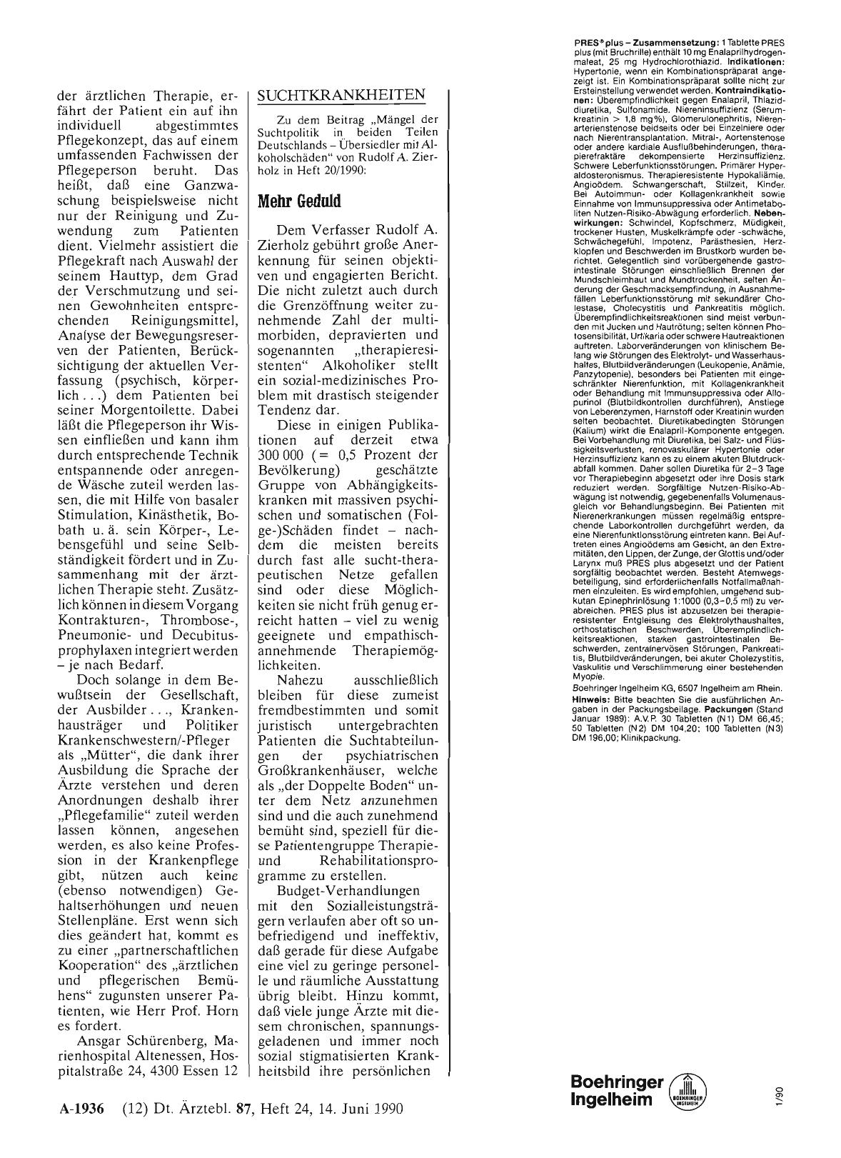 Vorschauseite 1: SUCHTKRANKHEITEN: Mehr Geduld