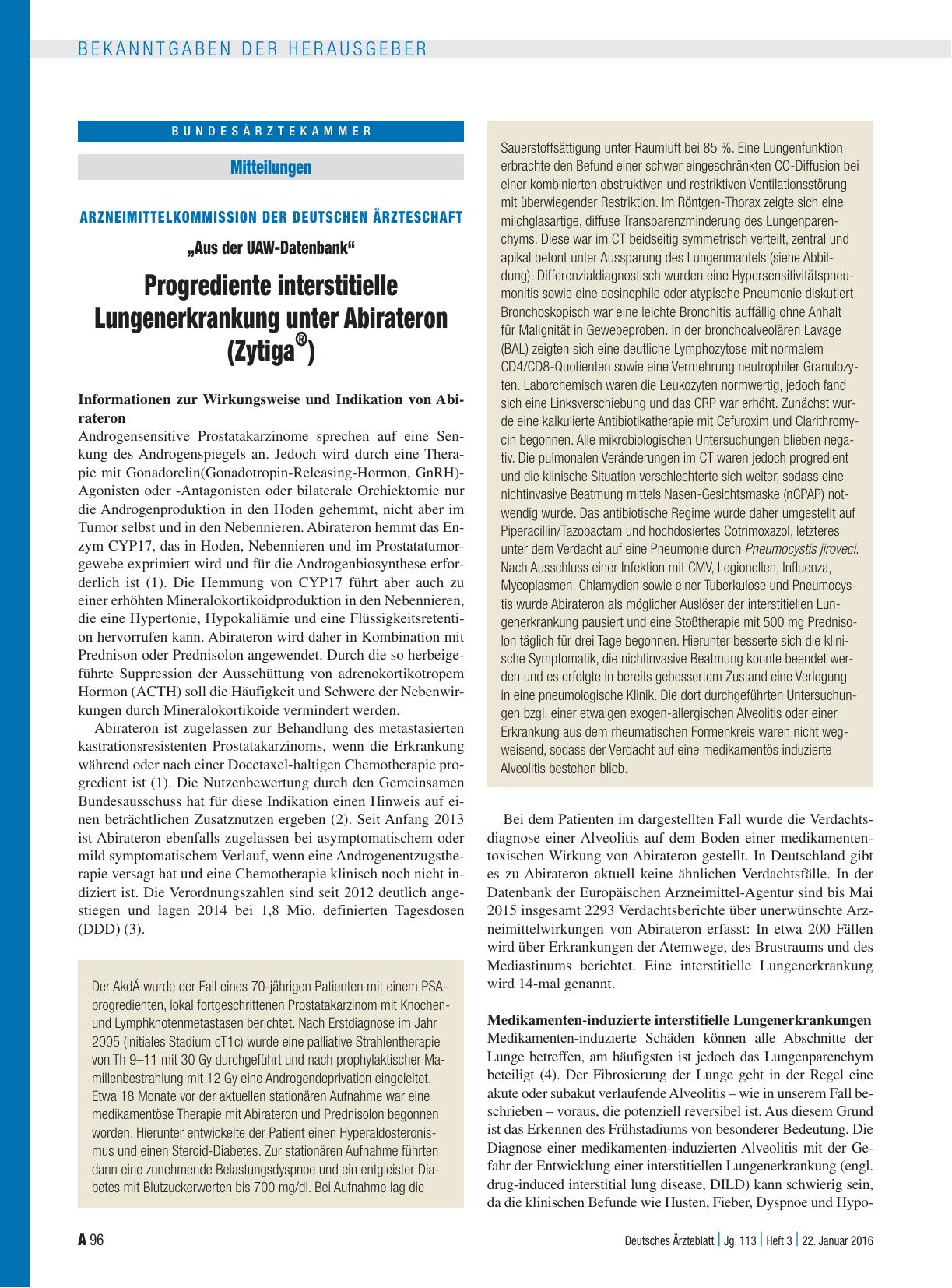 Vorschauseite 1: Arzneimittelkommission der Deutschen Ärzteschaft: „Aus der UAW-Datenbank“ Progrediente interstitielle Lungenerkrankung unter Abirateron (Zytiga ® )