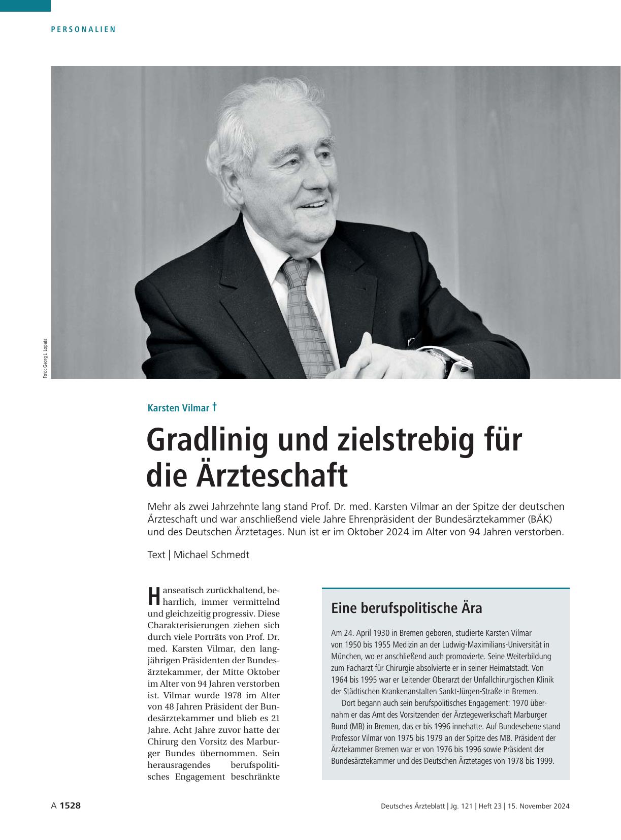 Vorschauseite 1: Karsten Vilmar †: Geradlinig und zielstrebig für die Ärzteschaft