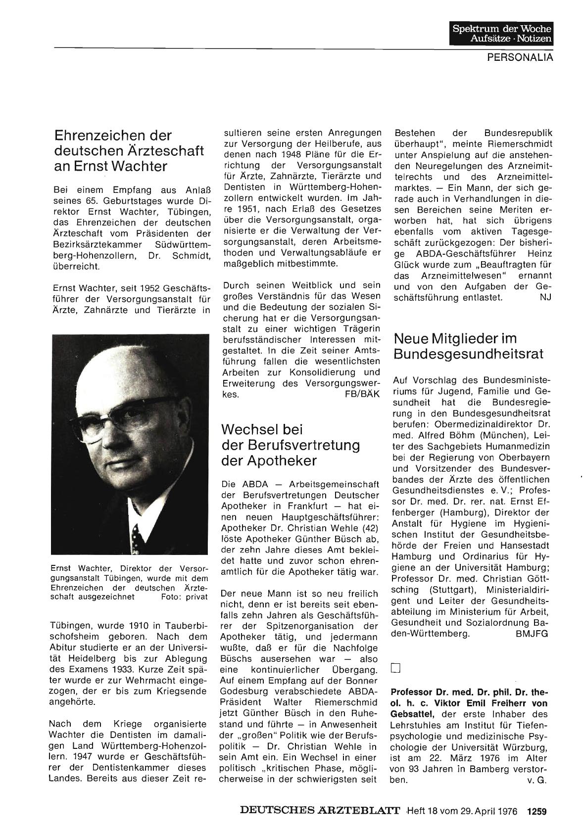 Vorschauseite 1: Ehrenzeichen der deutschen Ärzteschaft an Ernst Wachter