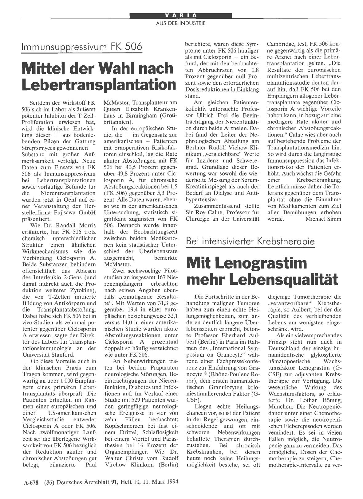 Vorschauseite 1: Bei intensivierter Krebstherapie: Mit Lenograstim mehr Lebensqualität