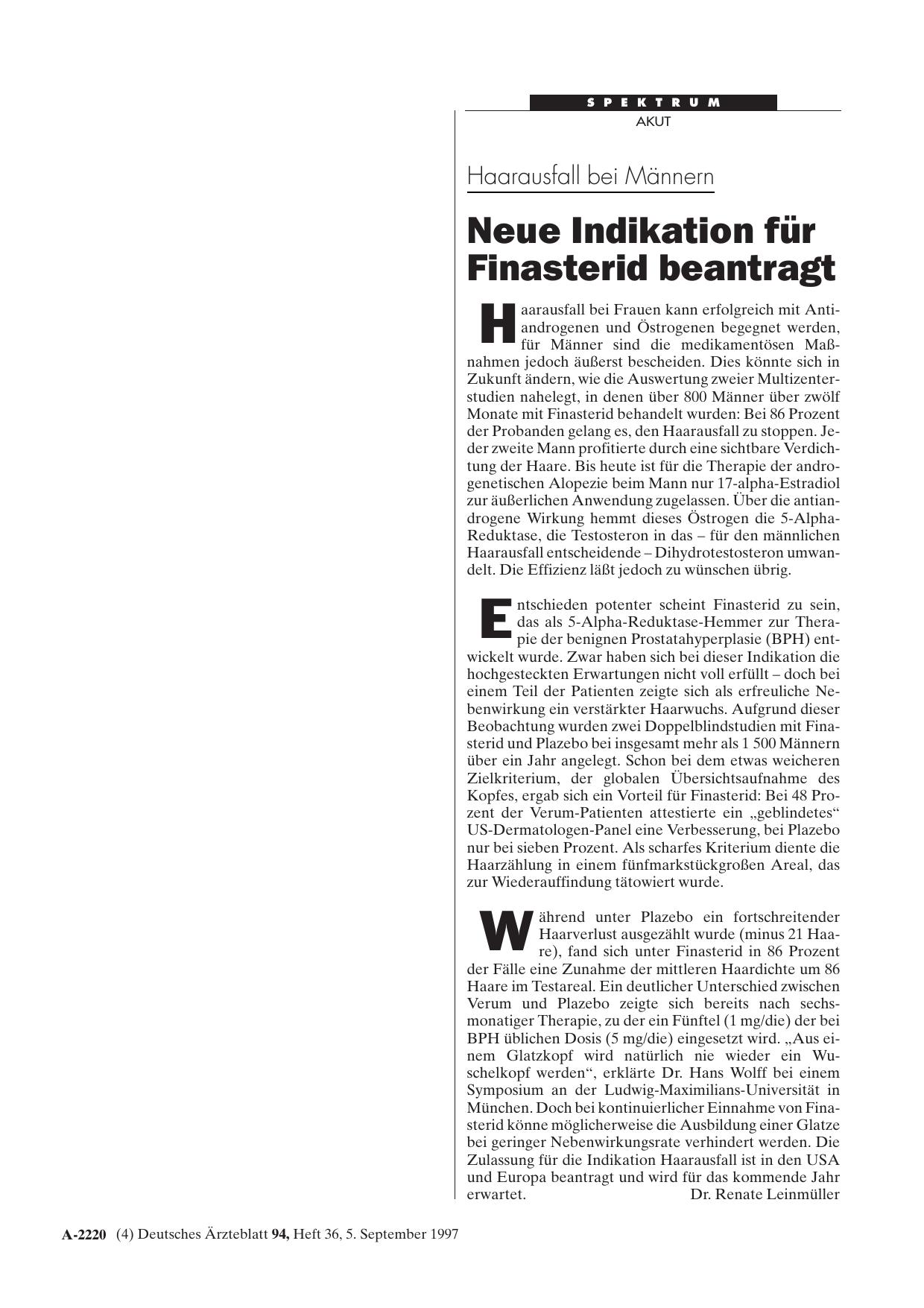 Vorschauseite 1: Haarausfall bei Männern: Neue Indikation für Finasterid beantragt