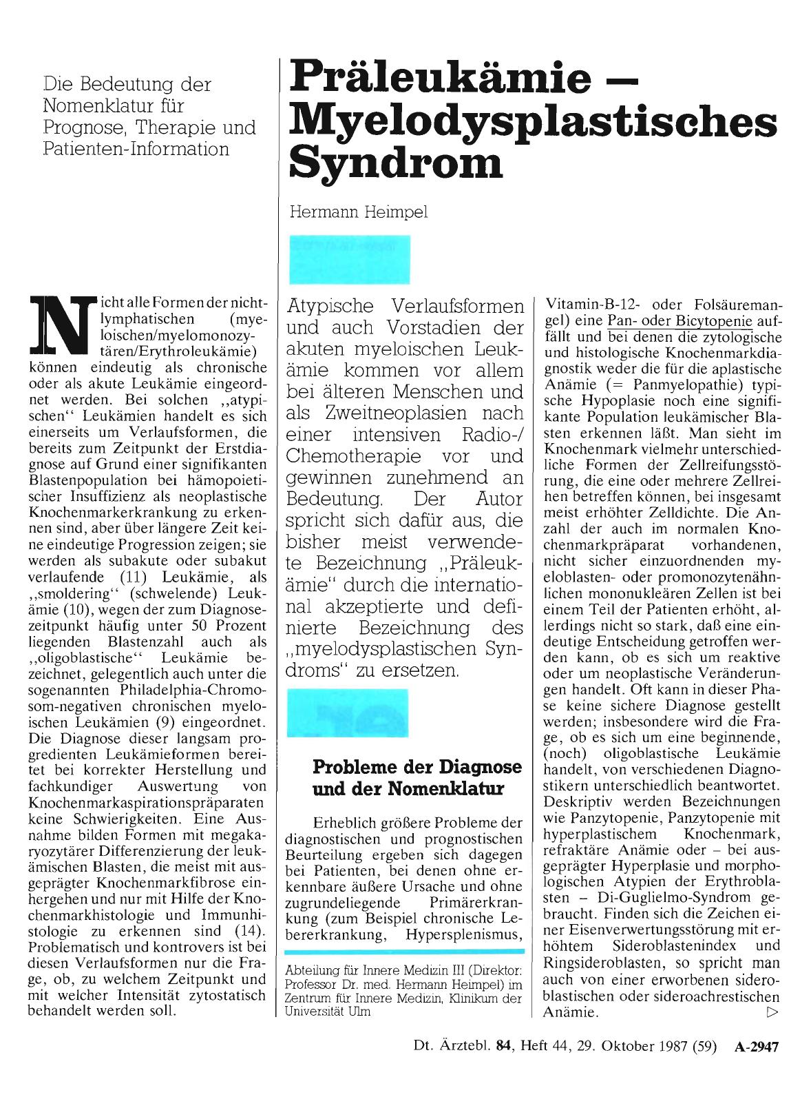 Vorschauseite 1: Präleukämie - Myelodysplastisches Syndrom