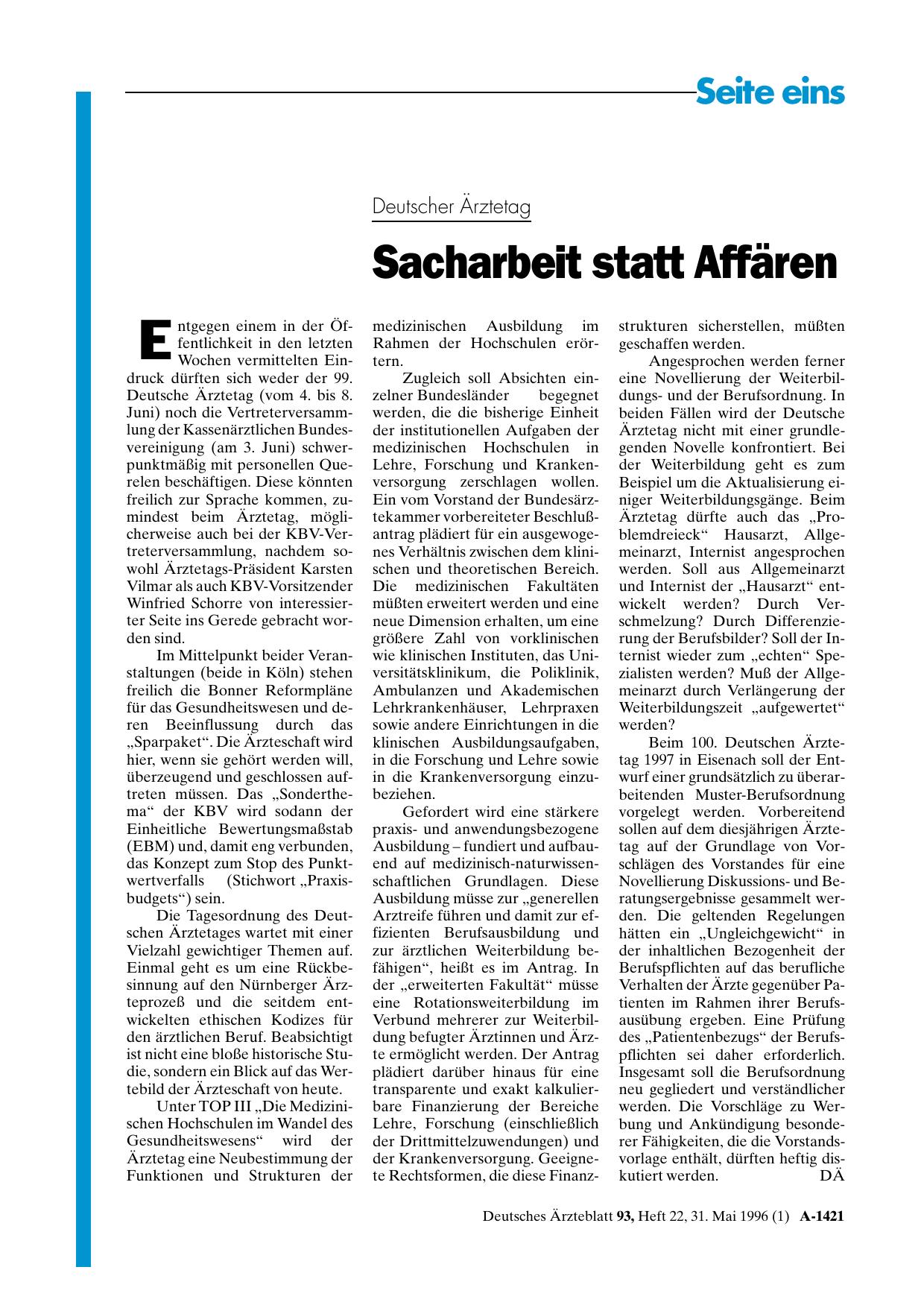 Vorschauseite 1: Deutscher Ärztetag: Sacharbeit statt Affären