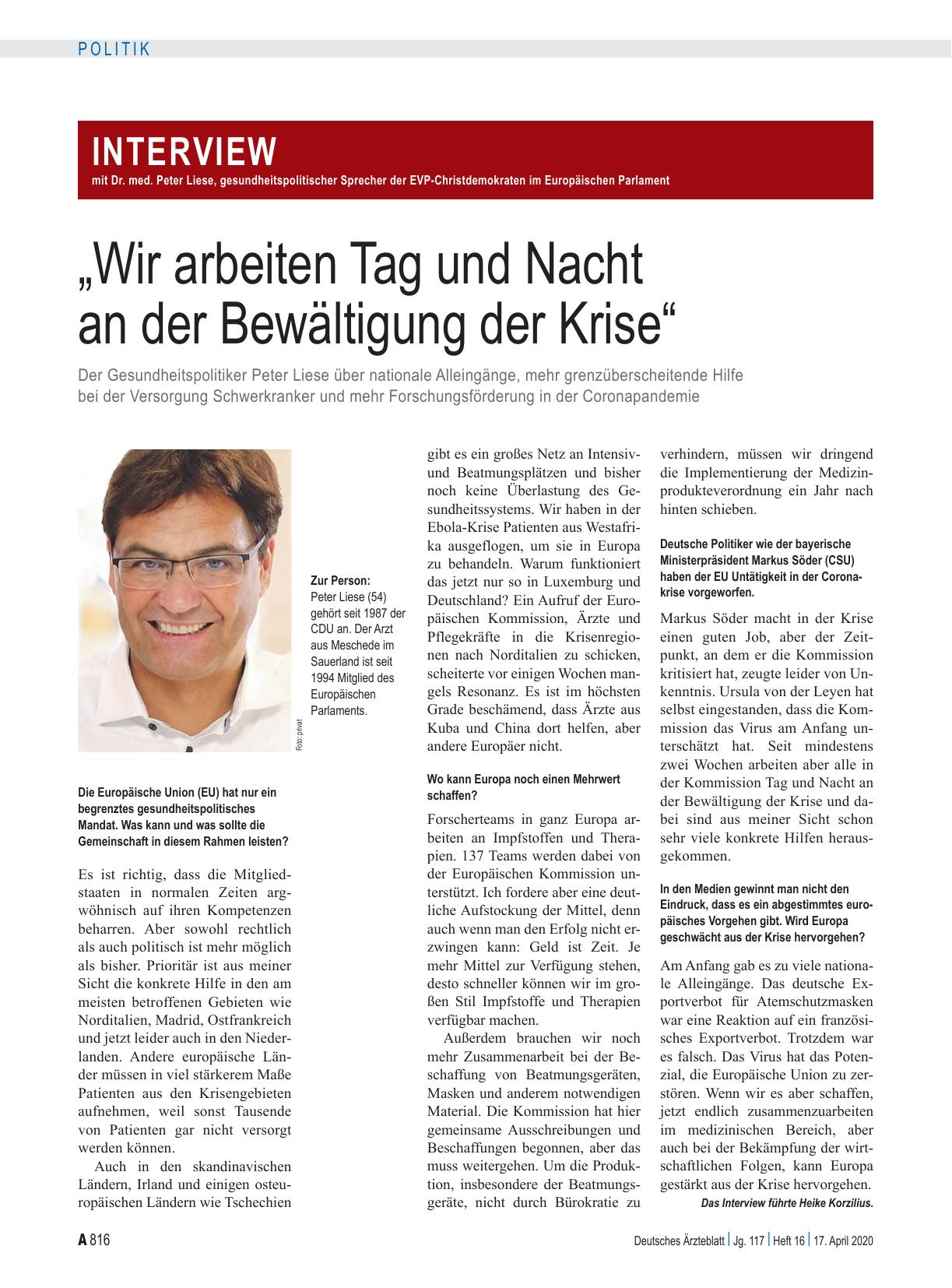 Vorschauseite 1: Interview mit Dr. med. Peter Liese, gesundheitspolitischer Sprecher der EVP-Christdemokraten im Europäischen Parlament: „Wir arbeiten Tag und Nacht an der Bewältigung der Krise“