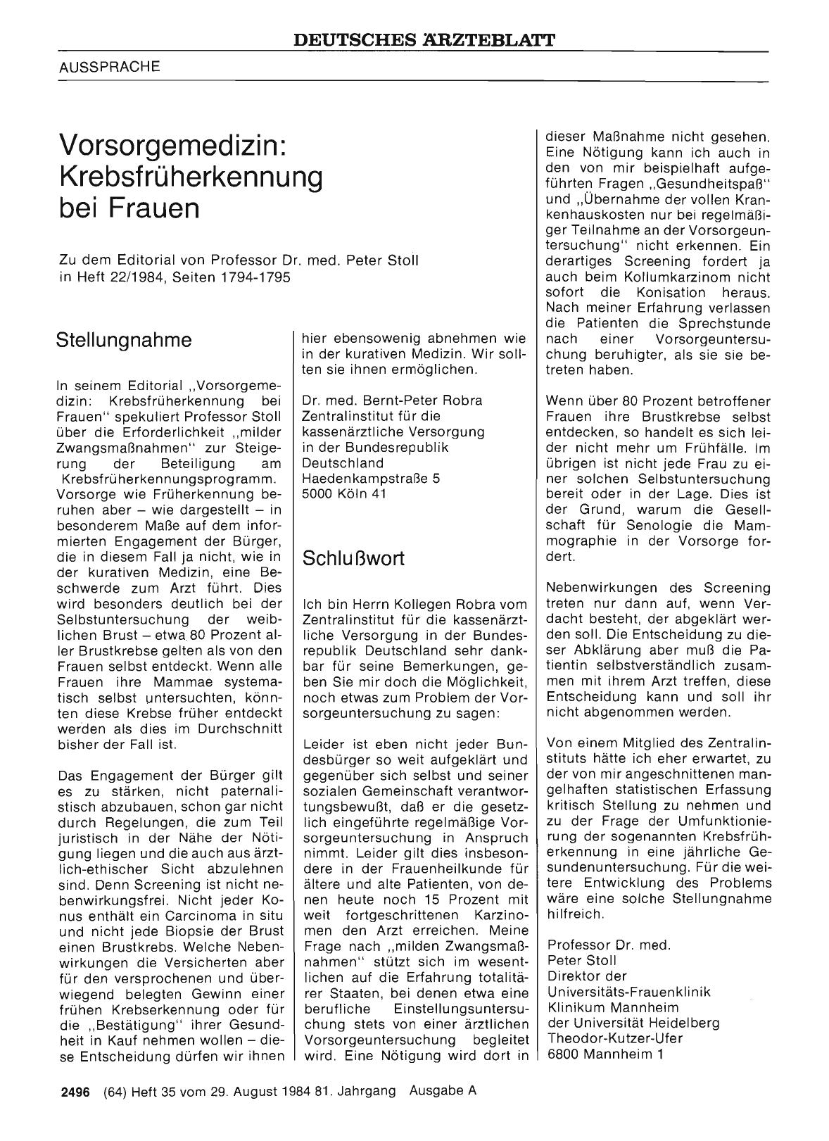 Vorschauseite 1: Vorsorgemedizin: Krebsfrüherkennung bei Frauen: Stellungnahme