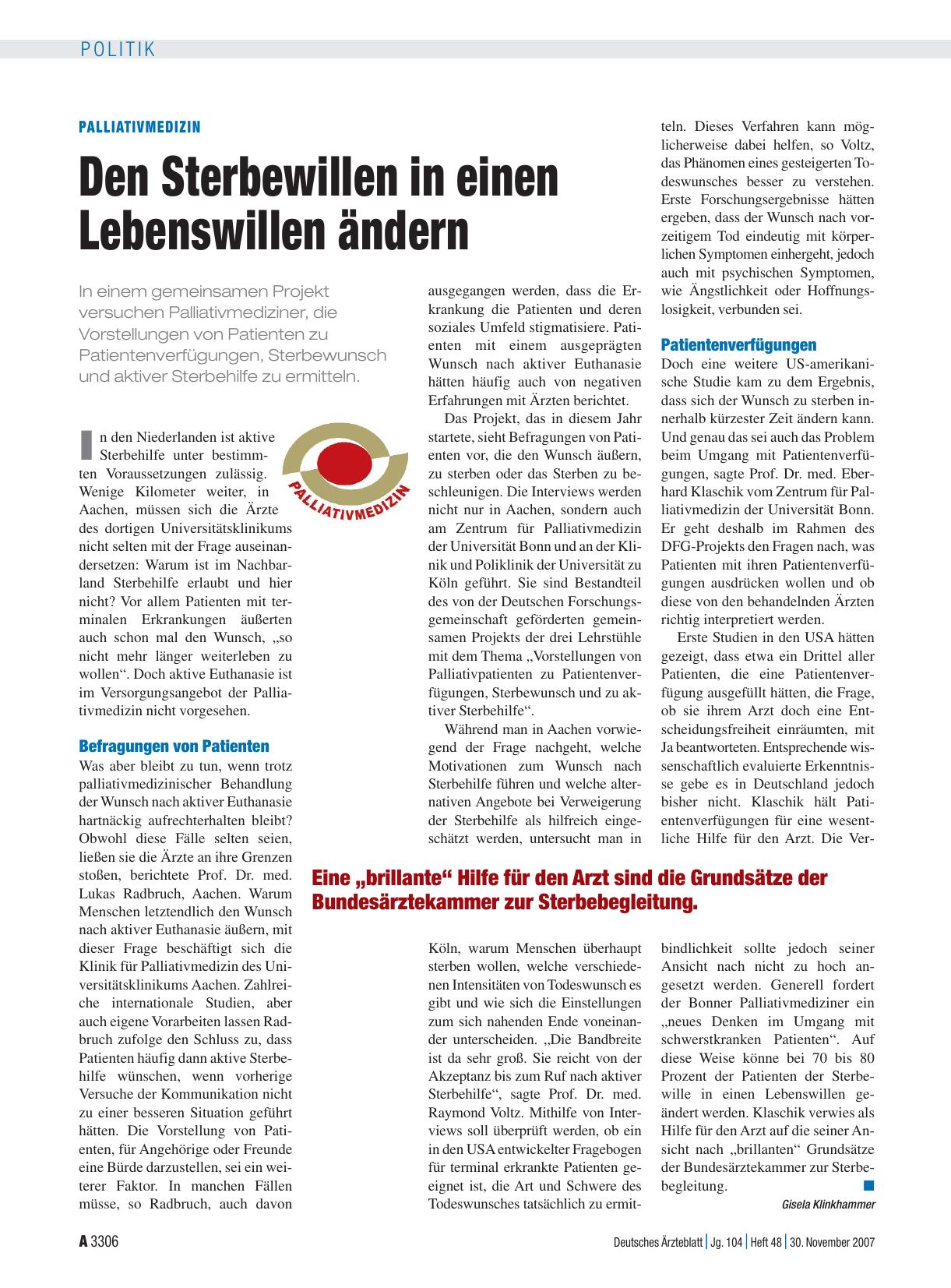 Vorschauseite 1: Palliativmedizin: Den Sterbewillen in einen Lebenswillen ändern