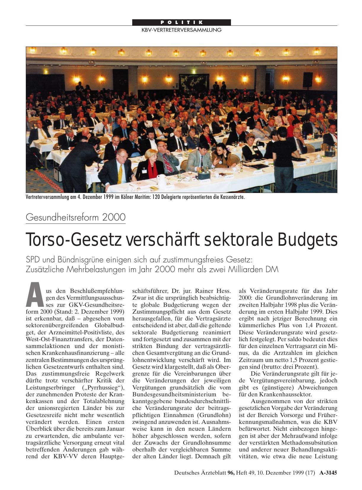 Vorschauseite 1: Gesundheitsreform 2000: Torso-Gesetz verschärft sektorale Budgets