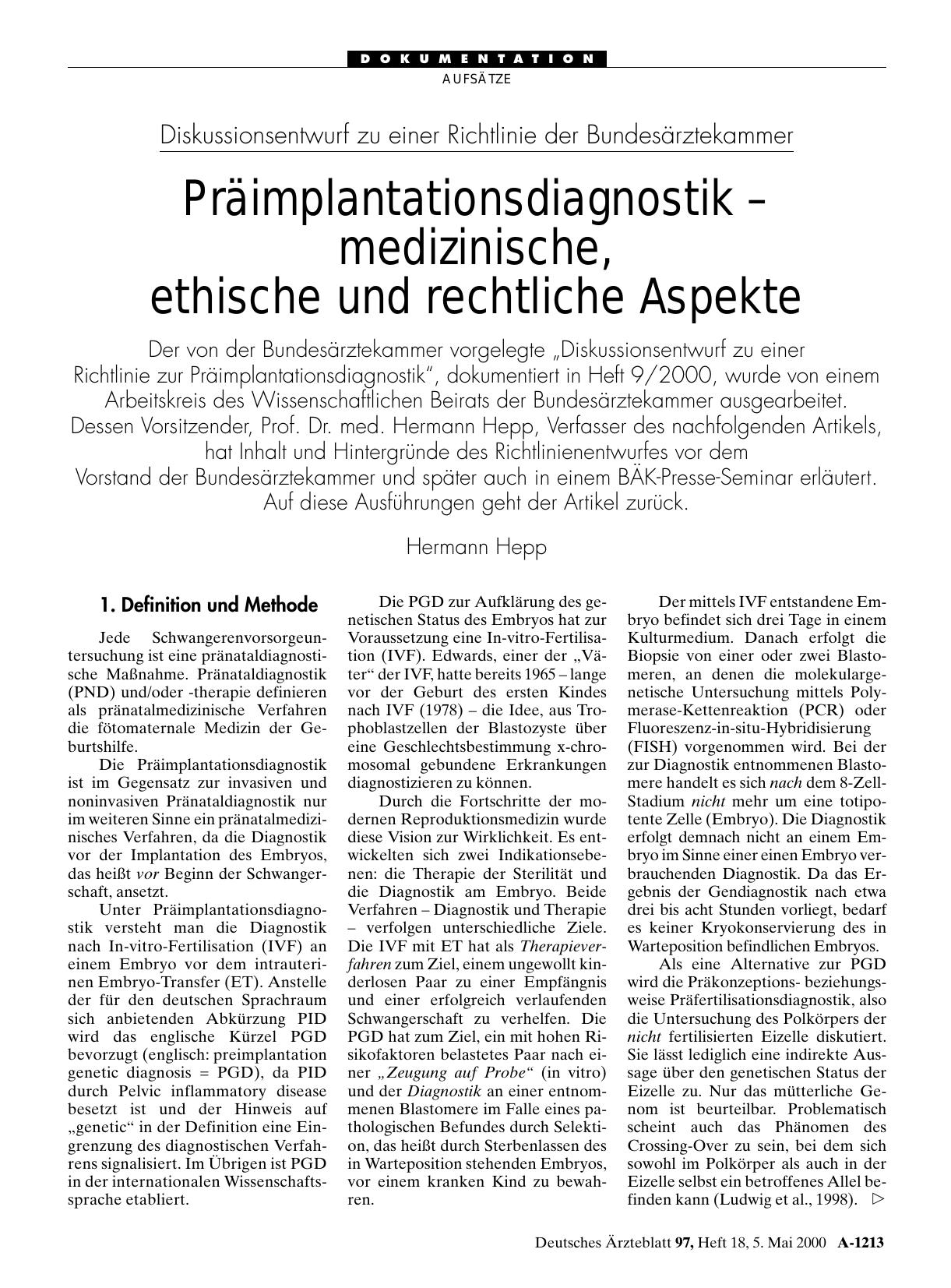 Vorschauseite 1: Diskussionsentwurf zu einer Richtlinie der Bundesärztekammer: Präimplantationsdiagnostik – medizinische, ethische und rechtliche Aspekte