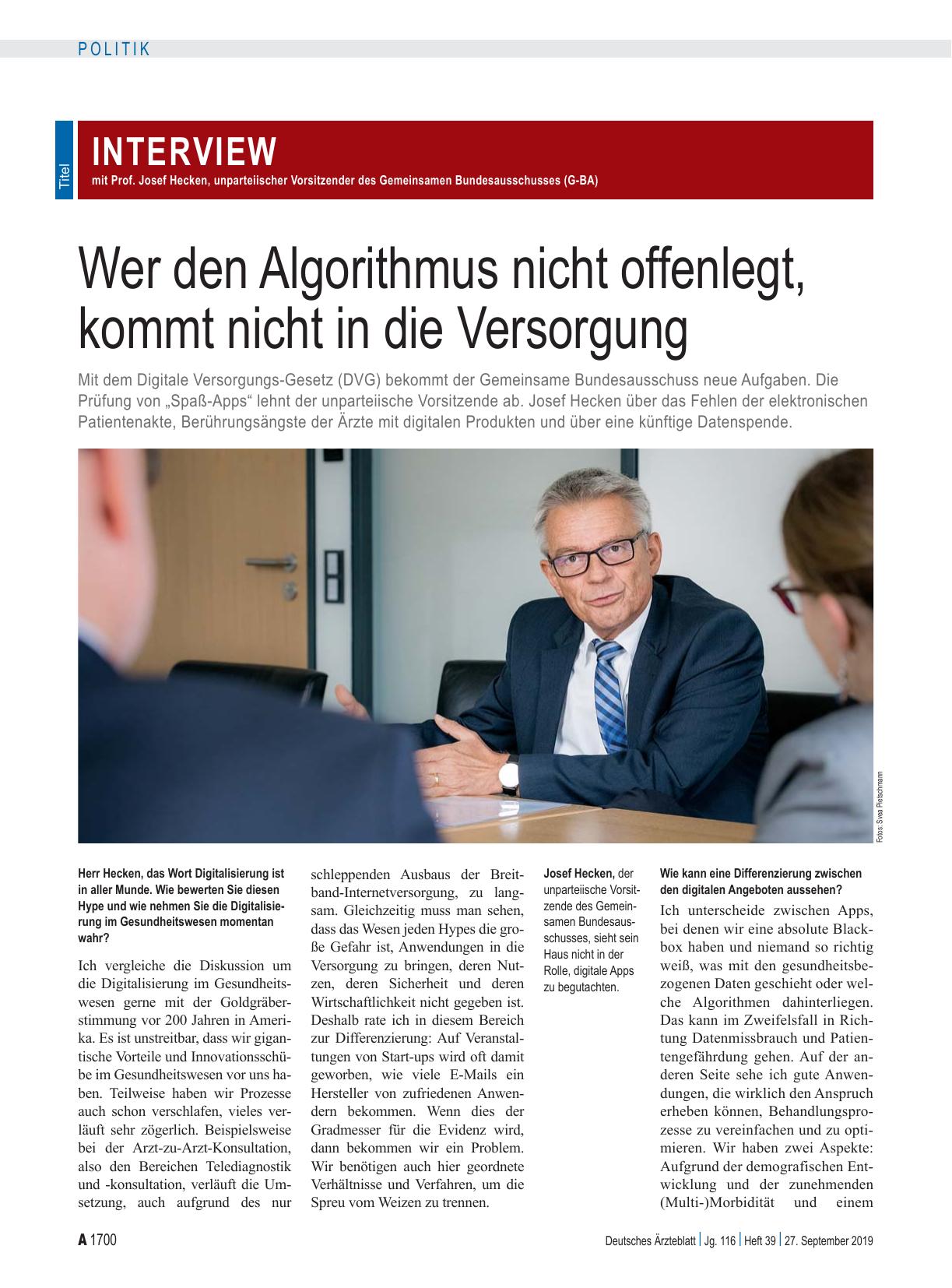 Vorschauseite 1: Interview mit Prof. Josef Hecken, unparteiischer Vorsitzender des Gemeinsamen Bundesausschusses (G-BA): Wer den Algorithmus nicht offenlegt, kommt nicht in die Versorgung
