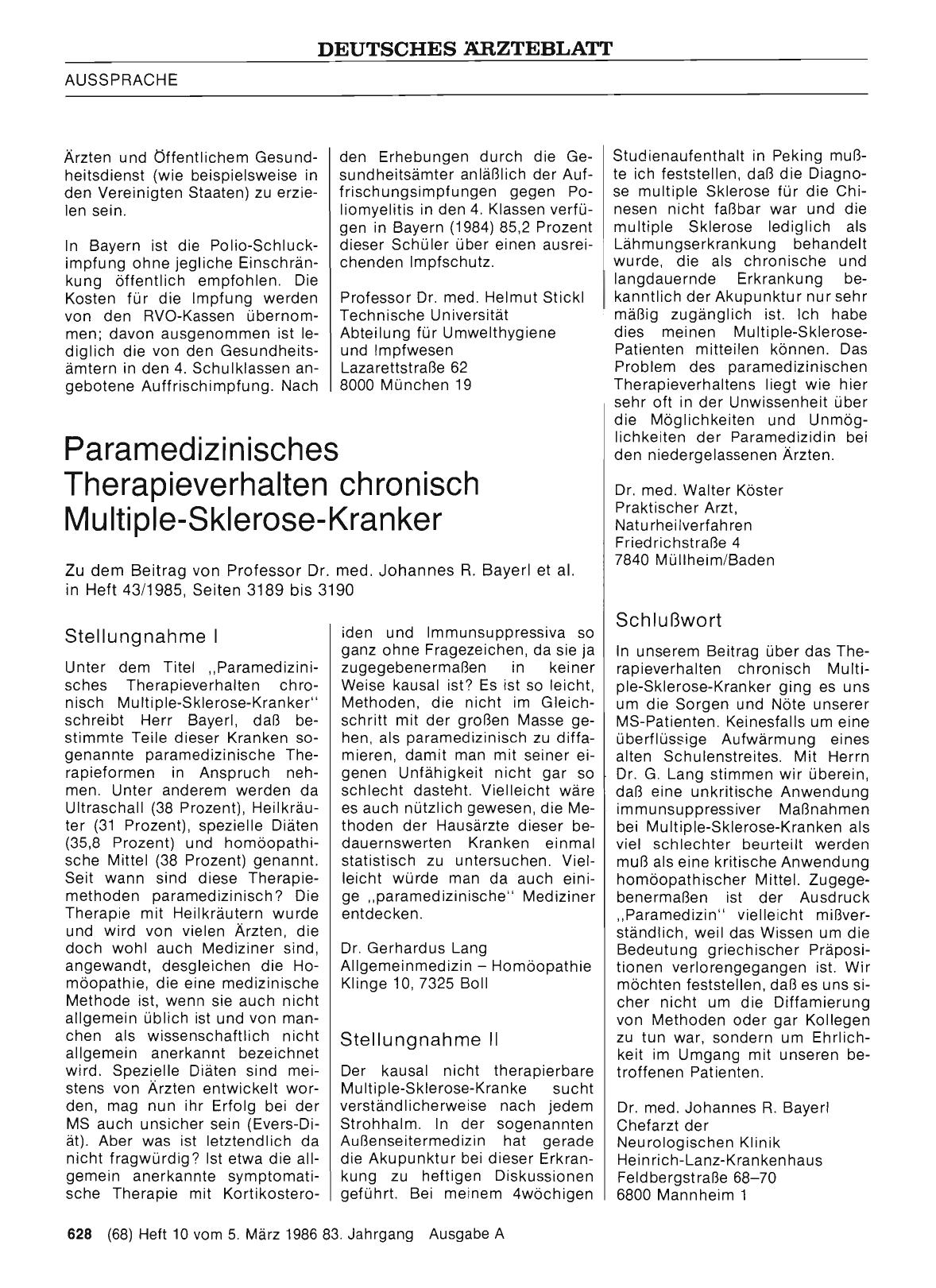 Vorschauseite 1: Paramedizinisches Therapieverhalten chronisch Multiple-Sklerose-Kranker: Stellungnahme I