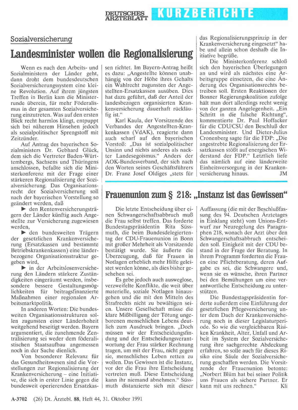 Vorschauseite 1: Sozialversicherung: Landesminister wollen die Reg1. onalisierung