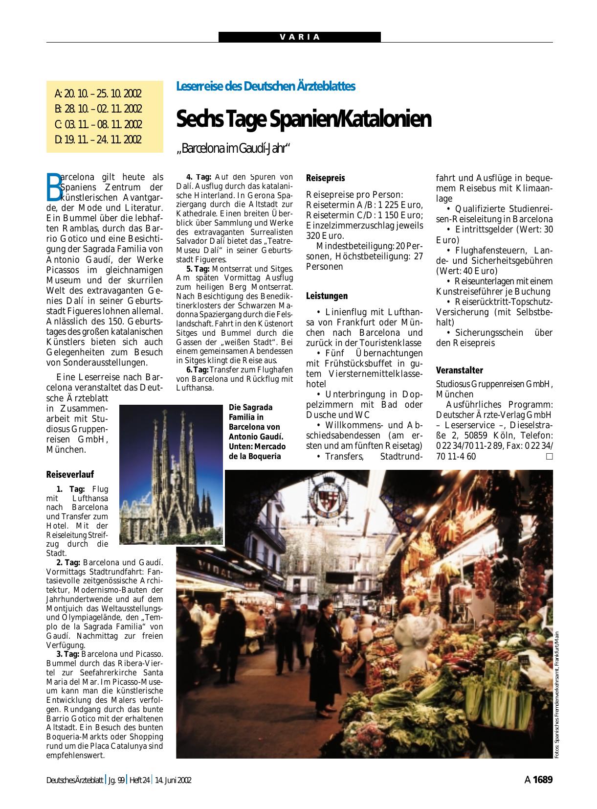 Vorschauseite 1: Leserreise des Deutschen Ärzteblattes: Sechs Tage Spanien/Katalonien