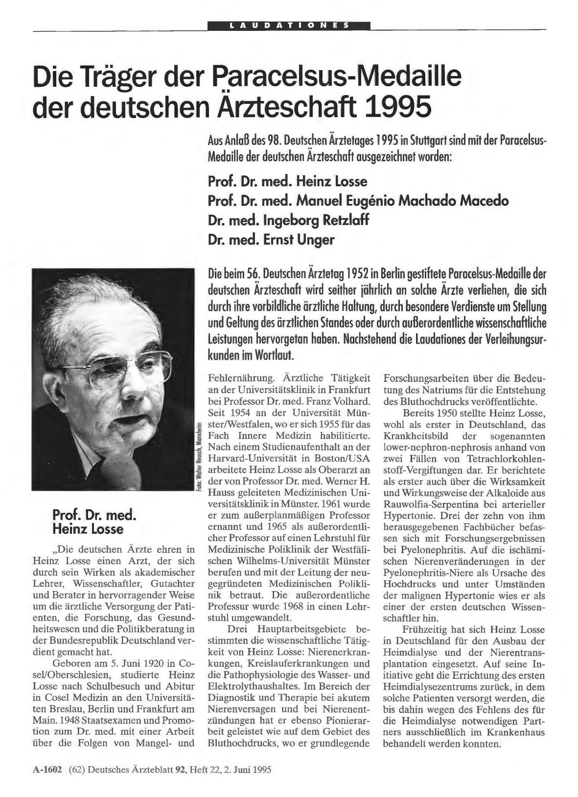 Vorschauseite 1: Die Träger der Paracelsus-Medaille der deutschen Ärzteschaft 1995