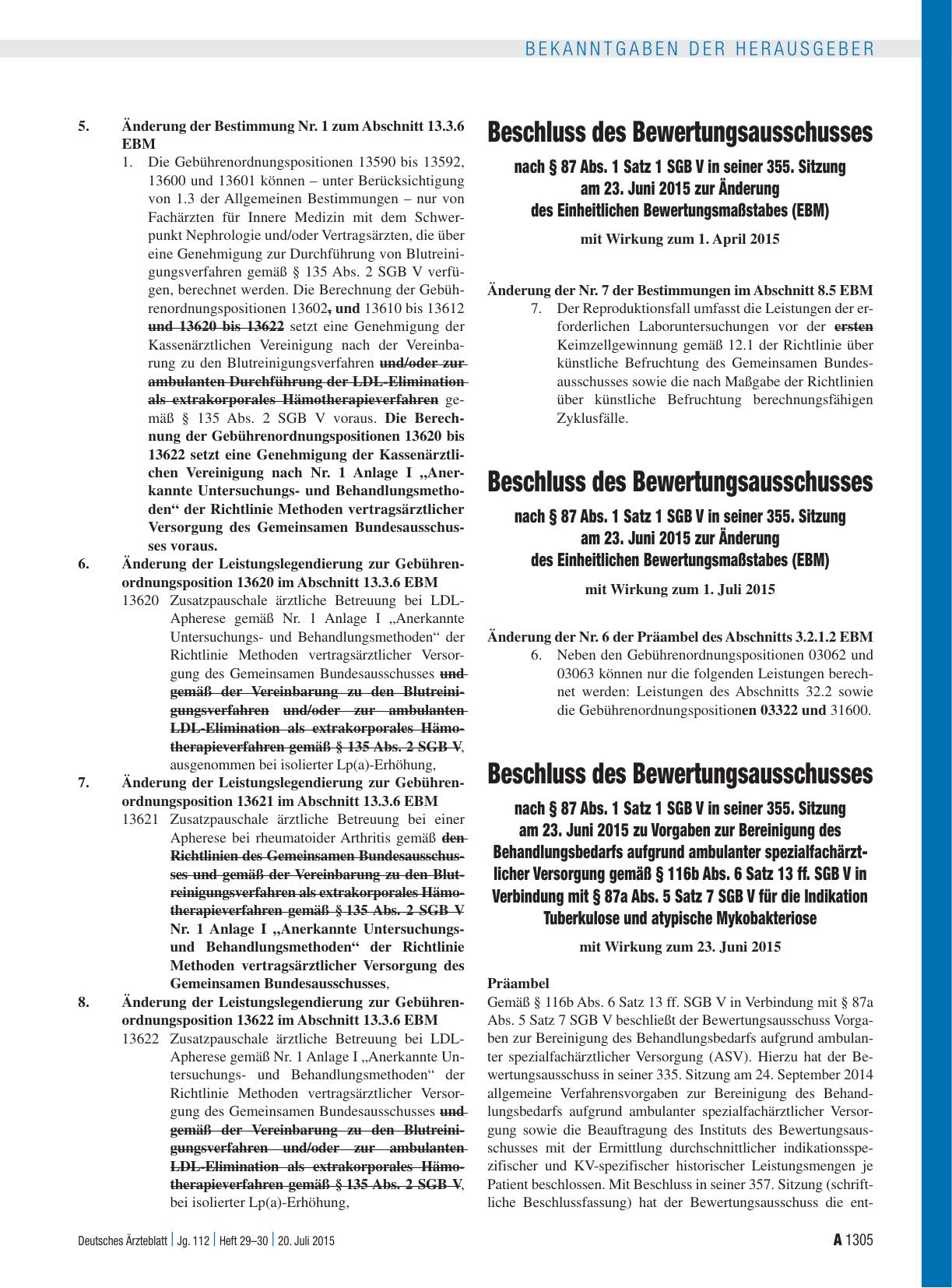 Vorschauseite 1: Beschluss des Bewertungsausschusses nach § 87 Abs. 1 Satz 1 SGB V in seiner 355. Sitzung am 23. Juni 2015 zur Änderung des Einheitlichen Bewertungsmaßstabes (EBM)