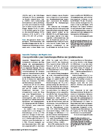 Vorschauseite 1: Inoperables Ösophagusoder Magenkarzinom: Checkpointinhibitor plus Chemotherapie effektiver als Zytostatika alleine