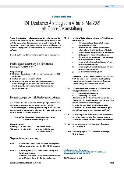 Vorschauseite 1: Bundesärztekammer: 124. Deutscher Ärztetag vom 4. bis 5. Mai 2021 als Online-Veranstaltung