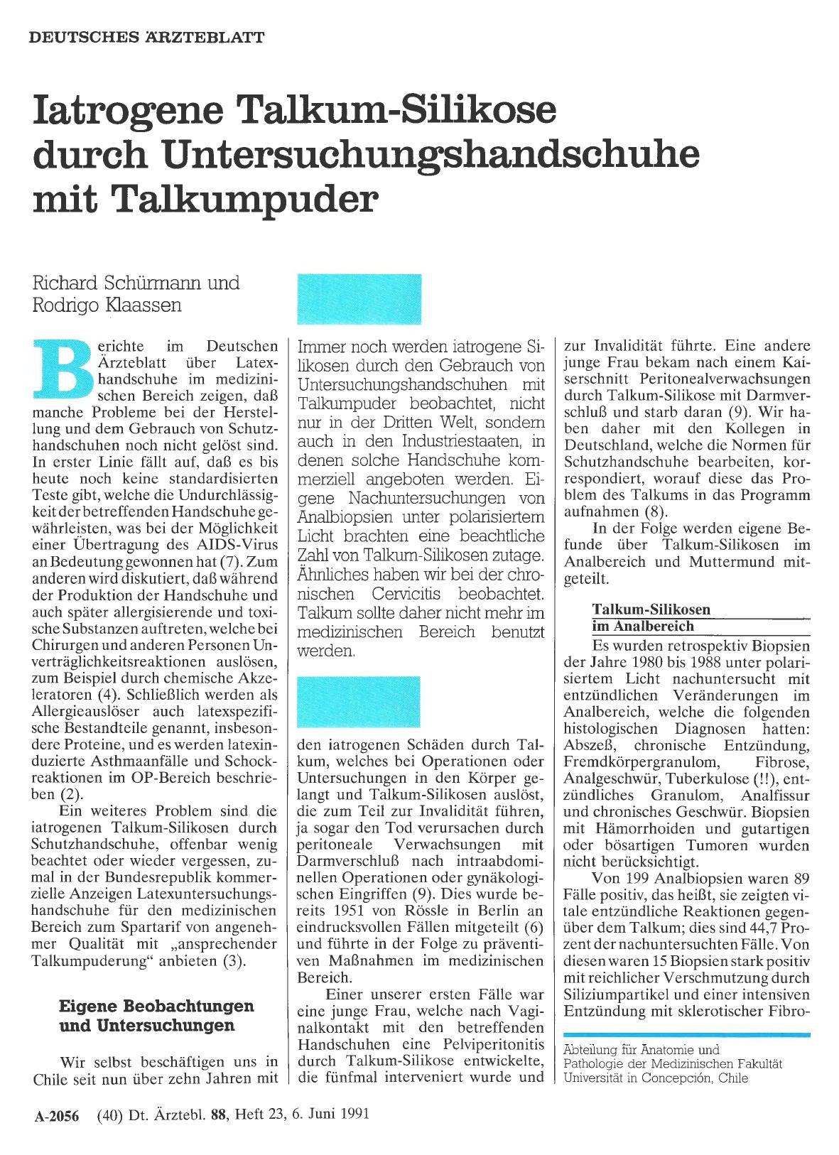 Vorschauseite 1: Iatrogene Talkum-Silikose durch Untersuchungshandschuhe mit Talkumpuder
