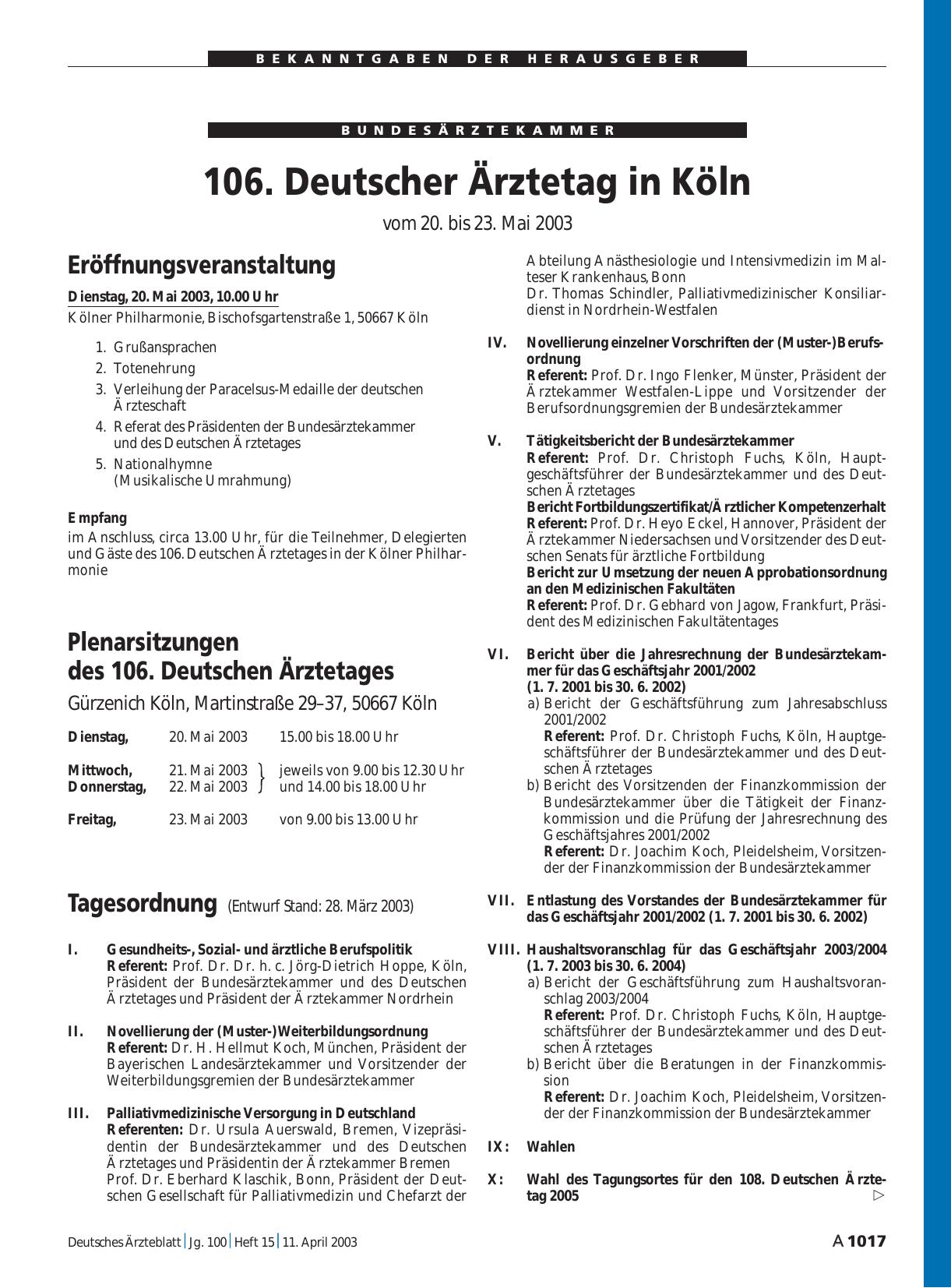 Vorschauseite 1: 106. Deutscher Ärztetag in Köln vom 20. bis 23. Mai 2003