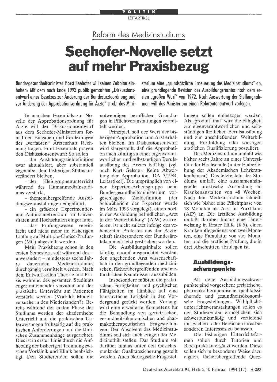 Vorschauseite 1: Reform des Medizinstudiums: Seehofer-Novelle setzt auf mehr Praxisbezug