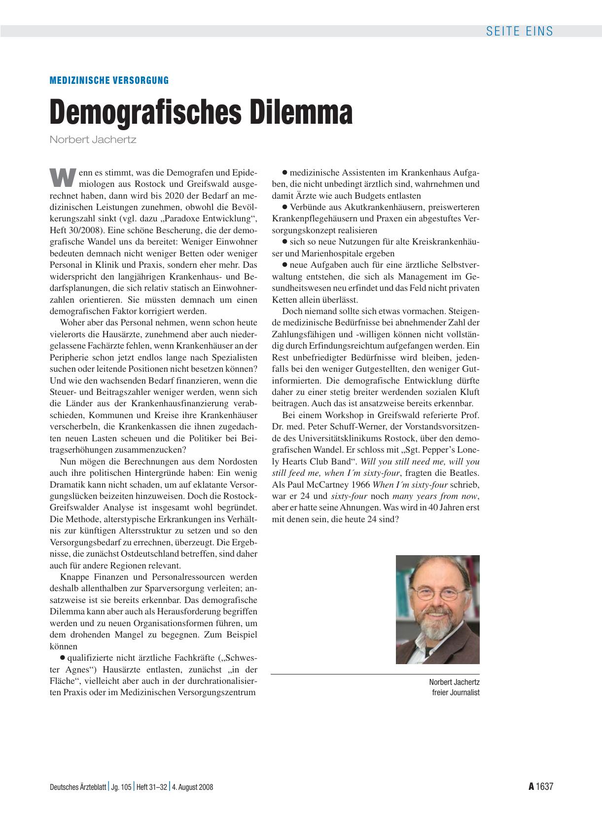 Vorschauseite 1: Medizinische Versorgung: Demografisches Dilemma