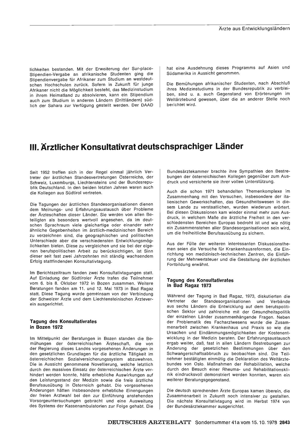 Vorschauseite 1: Bericht über das Jahr 1972/73: K. Auslandsbeziehungen: III. Ärztlicher Konsultativrat deutschsprachiger Länder