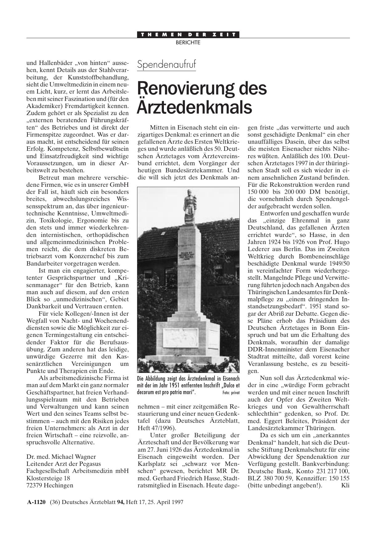 Vorschauseite 1: Spendenaufruf: Renovierung des Ärztedenkmals